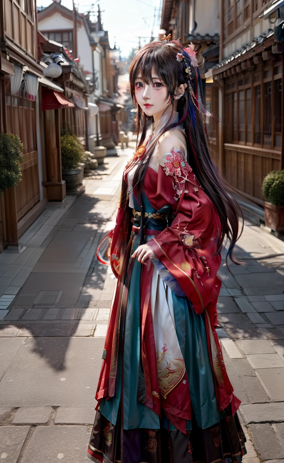 realisitic、Photorealsitic、​masterpiece、top-quality、1girl in、asuna yuuki、独奏、(Standing at street)、Look at viewers、(length hair)、(hair adornments:1.4)、(focus)、((colourfull)))、​masterpiece、top-quality、Beautifully painted、ighly detailed、(denoise:0.6)、highr、detaileds、(​masterpiece、top-quality、the Extremely Detailed CG Unity 8K Wallpapers、​masterpiece、top-quality、ultra-detailliert)、(Lycoris radiata)、