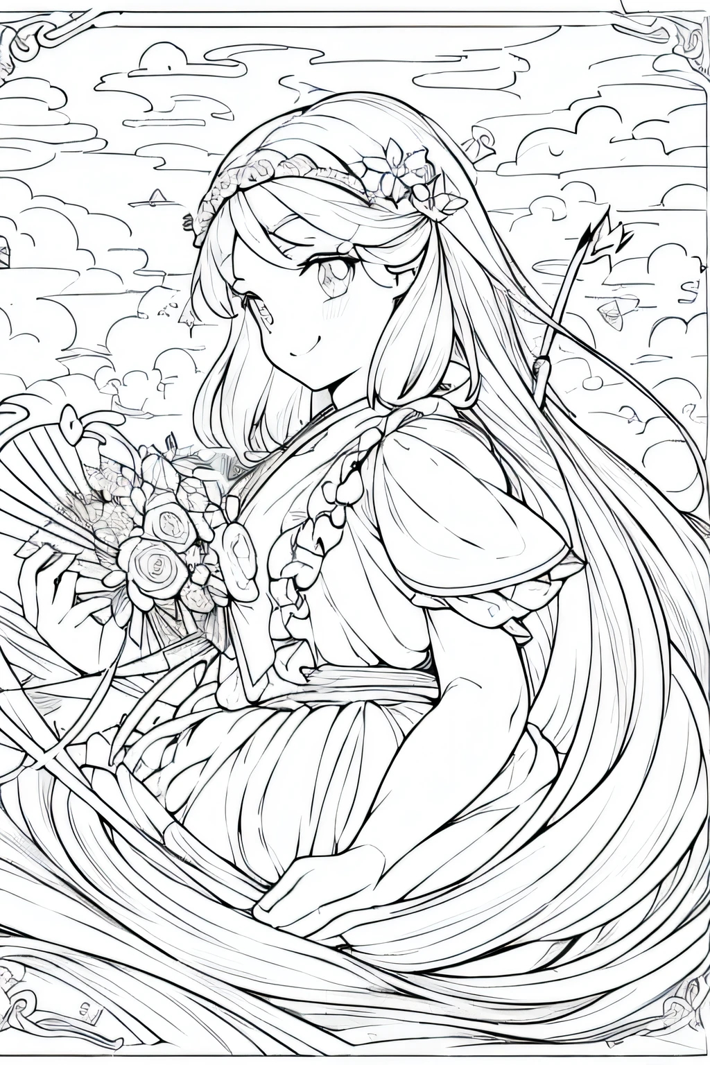 Smiling Cupid figure holding Cupid's arrow, framed by hearts and clouds,Decorative panel、Abstract、Sketched、Character Line、Scenes without color or shadows。
(masterpiece、top-quality、hight resolution:1.4)、detaileds、intricate-detail、4K、color splashes、line-drawing、Fibonacci、