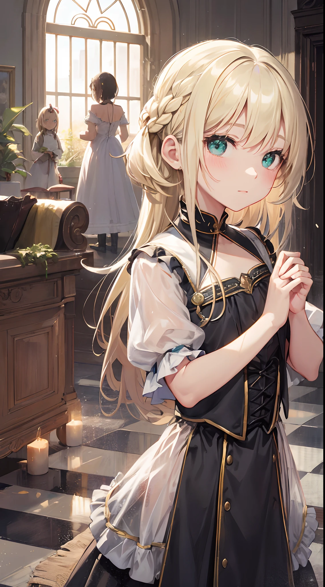 top-quality、​masterpiece、The upper part of the body、 (Gamine:1.6)Ukrainian girls、(The best smile:0.4)、 braided blond hair、 emerald eyes、 Medieval dresses、neckline、 corsets、hair adornments、Ghibli's Worldview、central、Blur the background、独奏、flat chest , Flat、Cute gesture、Bruising acting、Infant body type、toddlers、rays of sunshine、dazzling、Hold your hand over it