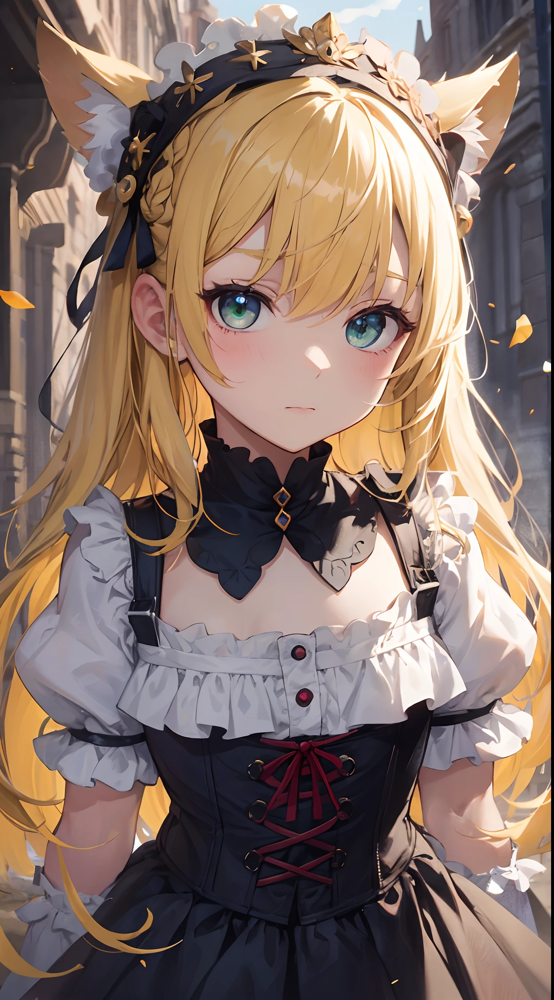 top-quality、masterpiece、The upper part of the body、 (Gamine:1.6)Ukrainian girls、(The best smile:0.4)、 braided blond hair、 emerald eyes、 Medieval dresses、neckline、 corsets、hair adornments、Ghibli's Worldview、central、Blur the background、独奏、flat chest , Flat、Cute gesture、Bruising acting、In body type、toddys of sunshine、dazzling、Hold your hand over it