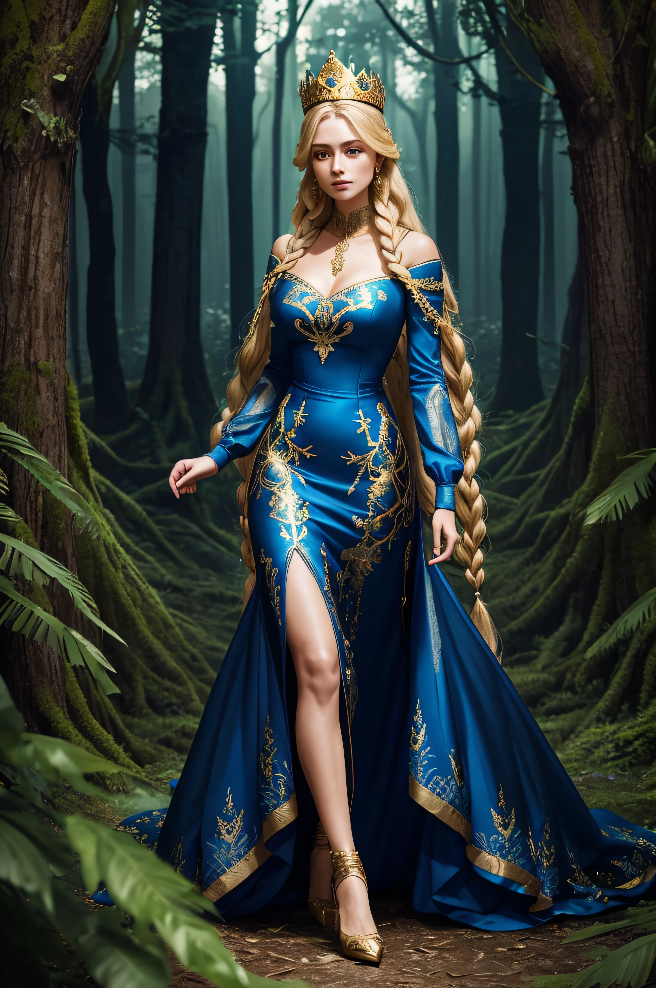 beautiful elegant, aristocratic, queen, walking in a mysterious haunted forest, lush colorful vegetation, mighty trees, blue long bodycon dress with gold embroidery, arny colored high heels, golden crown on her head, long braided blond hair, eerie night lights, realistic details, romantic vibe