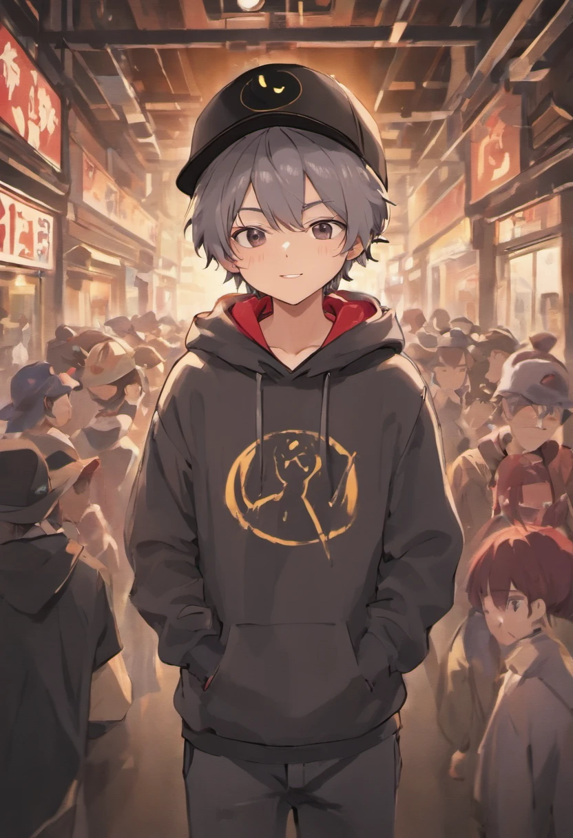 ((boy)),((wearing grey hat)), ((hat type: bucket hat)), ((hat couler: grey)), ((desighn on hat: simple white smiley face)), ((wearing grey bucket hat with a simple white smiley face )), ((brown hair)), ((race:hispanic)), ((chlothing: red hoodie)), ((wearing red hoodie)), ((nothing on red hoodie)), (( basic red hoodie)), ((pose: doing a peace sighn with his hands)),((happy)), ((eyes closed)), ((smiling)),((eyes closed because of smiling)), ((black pants))