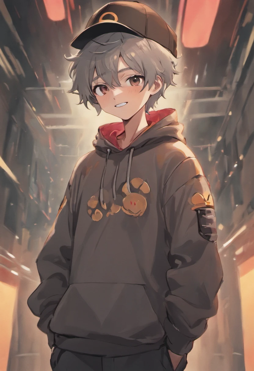 ((boy)),((wearing grey hat)), ((hat type: bucket hat)), ((hat couler: grey)), ((desighn on hat: simple white smiley face)), ((wearing grey bucket hat with a simple white smiley face )), ((brown hair)), ((race:hispanic)), ((chlothing: red hoodie)), ((wearing red hoodie)), ((nothing on red hoodie)), (( basic red hoodie)), ((pose: doing a peace sighn with his hands)),((happy)), ((eyes closed)), ((smiling)),((eyes closed because of smiling)), ((black pants))