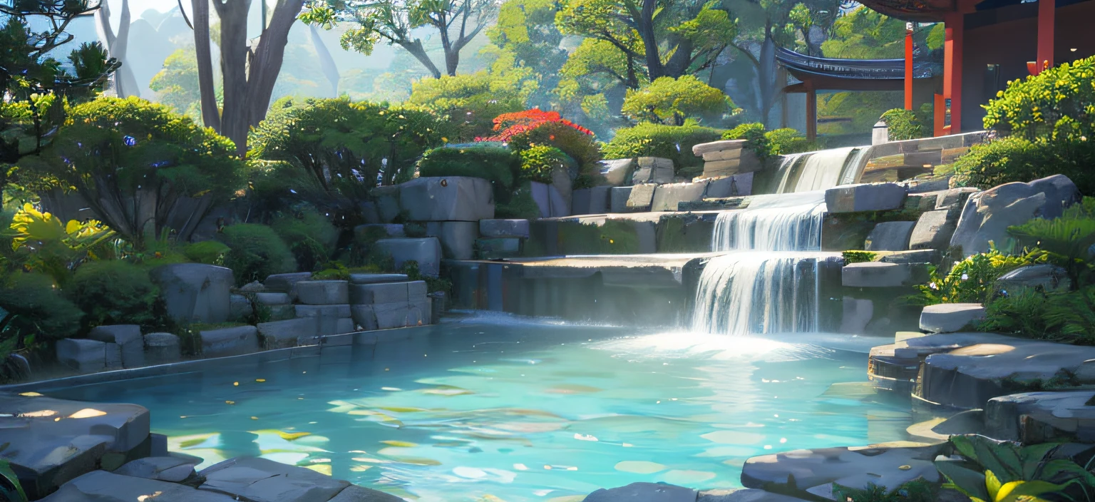 （Look up）（Hot Spring 1:1）、（Water vapor 1:1）,the night，bamboos、nooks、The tree、The  runs water、waterfallr、grassy fields、Rochas、Epic composition、Realistic lighting、high definition detail、（非常详细的 CG 统一 8k 壁纸）（A high resolution：1.1），ultra - detailed，illustratio，tmasterpiece，best qualtiy，best qualtiy，（tmasterpiece：1.2），submerge，natural  lightting，，open air，（water Reflections），eventide，Vivid lighting，closeup cleavage，Clear water，Chinese courtyard，Rock steps