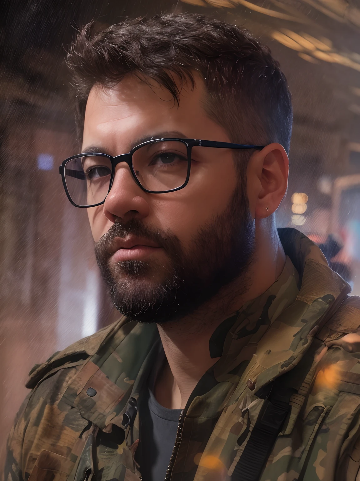 ((PivaArts SD1.5)) obra-prima, melhor qualidade, Foto RAW, 32k, uma pintura de um homem, beard and glasses with spiked head and military camouflage jacket, Estilo Craig Mullins, craig mullins dappled lighting, Craig Mullins Greg Rutkowski, inspirado em Craig Mullins, Directed by: Craig Mullins, Craig Mullins Nekro, Craig Mullins Chave Escura, James Gurney Estilo de pintura, Wojtek FUS, Artgerm Craig Mullins, Craig Mullins 8k, Estilo Sigma 35mm, F/3.5.