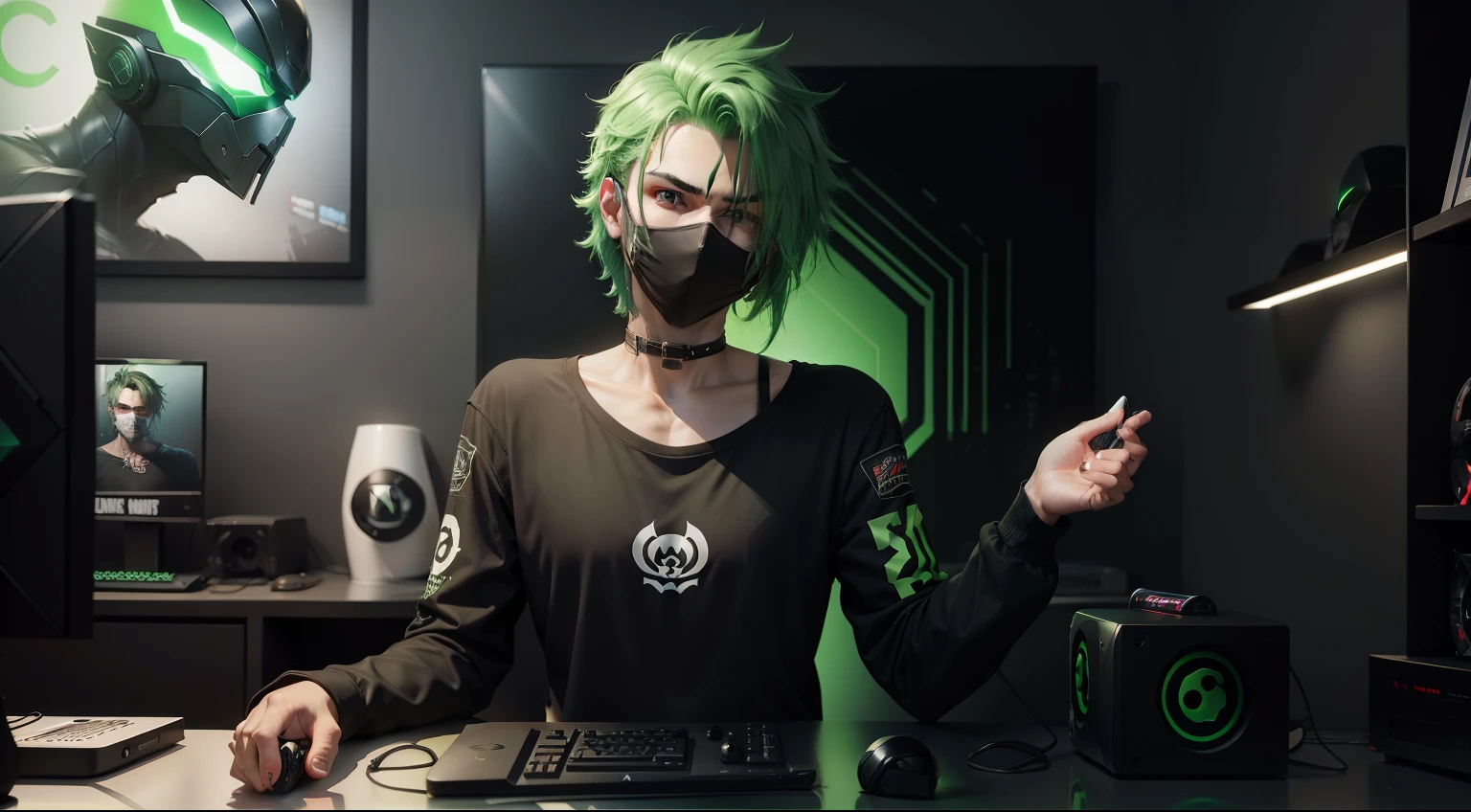A man with a green hair wearing a mask and black t-shirt. Gamer room. Neo light