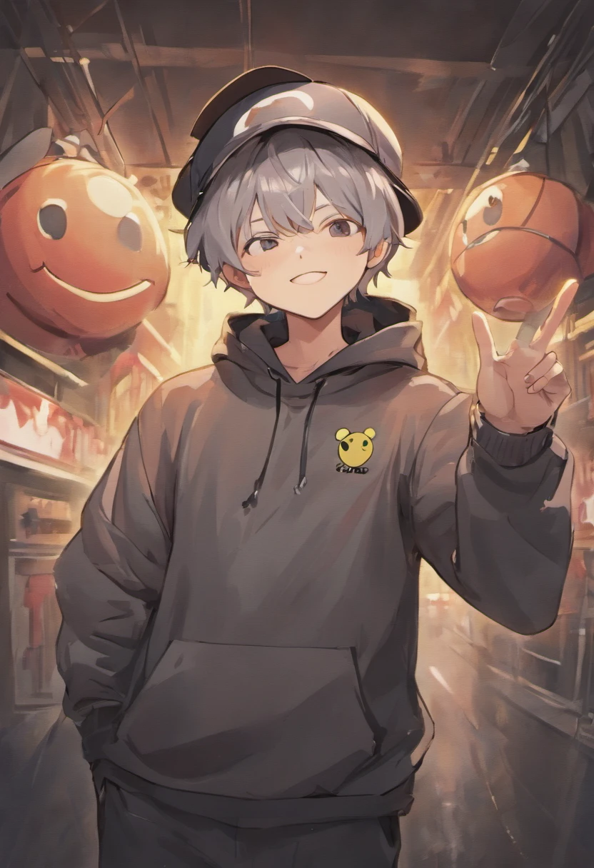 ((boy)),((wearing grey hat)), ((hat type: bucket hat)), ((hat couler: grey)), ((desighn on hat: simple white smiley face)), ((wearing grey bucket hat with a simple white smiley face )), ((brown hair)), ((race:hispanic)), ((chlothing: red hoodie)), ((wearing red hoodie)), ((nothing on red hoodie)), (( basic red hoodie)), ((pose: doing a peace sighn with his hands)),((happy)), ((eyes closed)), ((smiling)),((eyes closed because of smiling)), ((black pants))