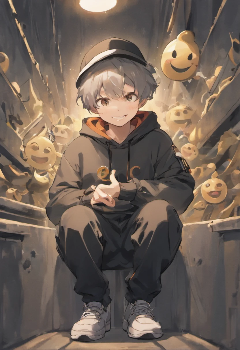 ((boy)),((wearing grey hat)), ((hat type: bucket hat)), ((hat couler: grey)), ((desighn on hat: simple white smiley face)), ((wearing grey bucket hat with a simple white smiley face )), ((brown hair)), ((race:hispanic)), ((chlothing: red hoodie)), ((wearing red hoodie)), ((nothing on red hoodie)), (( basic red hoodie)), ((pose: doing a peace sighn with his hands)),((happy)), ((eyes closed)), ((smiling)),((eyes closed because of smiling)), ((black pants))