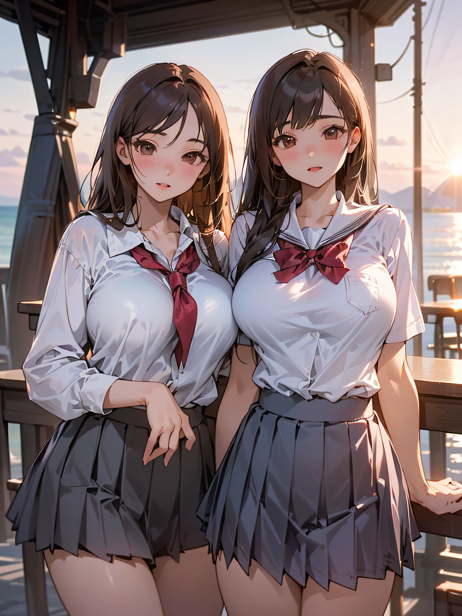 ((2young girls)), (best quality), (ultra-detailed), (detailed light), (an extremely delicate and beautiful), brown hair, brown eyes, model, (Beautiful big breasts:1.3), bare shoulders, (bare breasts:1.2), (hi-school uniform, pleated skirt:1.3), (hi-school uniform with wide open breasts:1.4), best quality, extremely detailed CG unified 8k wallpaper, High-definition raw color photos, professional photography, (((Bokeh))), depth of fields, beach, sea, twilight, sunset,