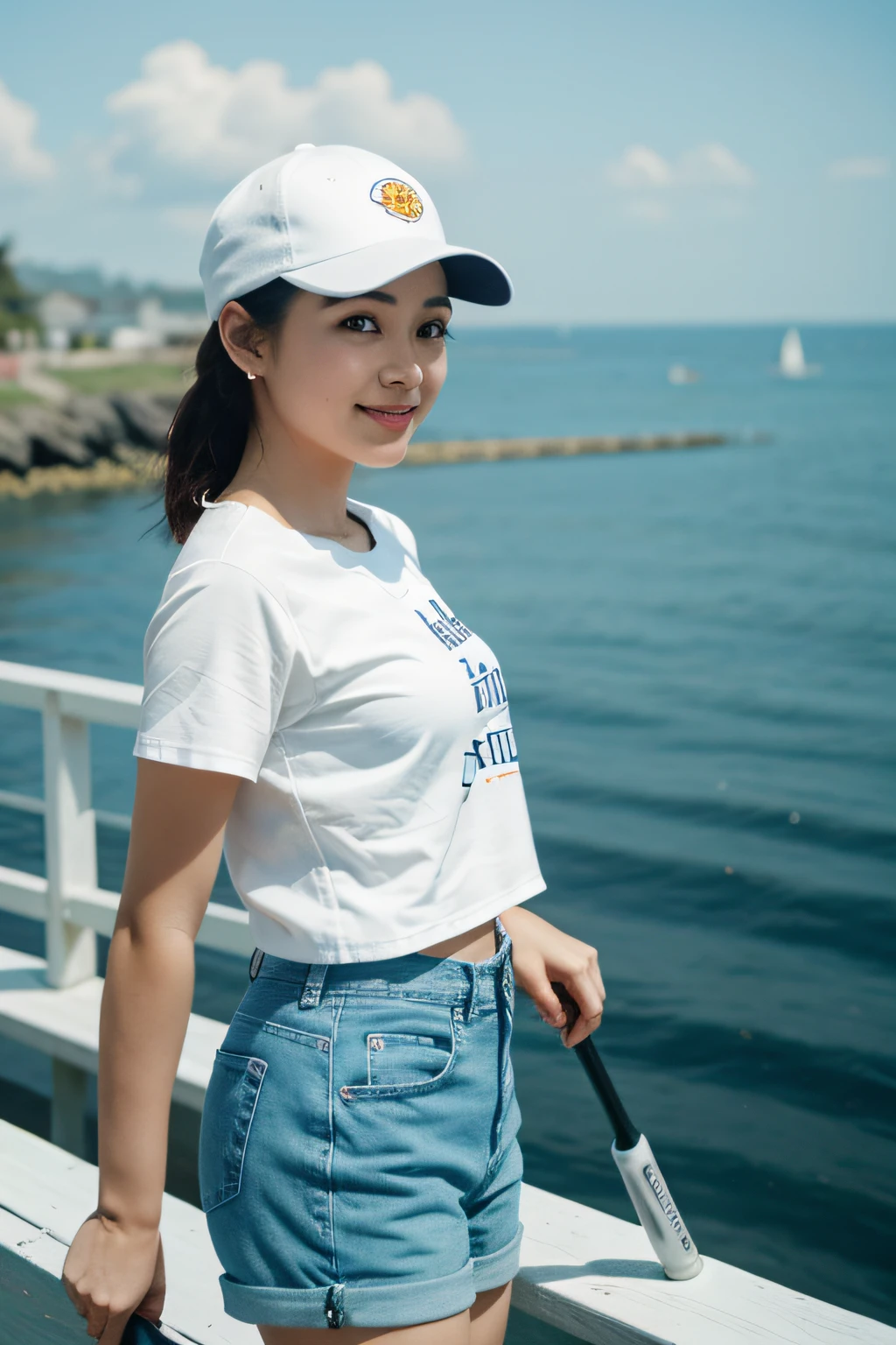 1 woman((Upper body selfie,cheerfulness)),tmasterpiece,Best quality at best,ultra - detailed,独奏,exteriors,(the night),beachside,naturey,(suns)cheerful big breasts,cheerfulness, swell sea,kettle、white short sleeve、baseball cap、fishing pole、denim short、frontal photos、ssmile、shadowing、to contrast、cloudless sky、blue-sky、baiyun、analogue style(View the audience:1.2)(skin textures)(filmgrain:1.3) ,(a warm color palette,a warm color palette)