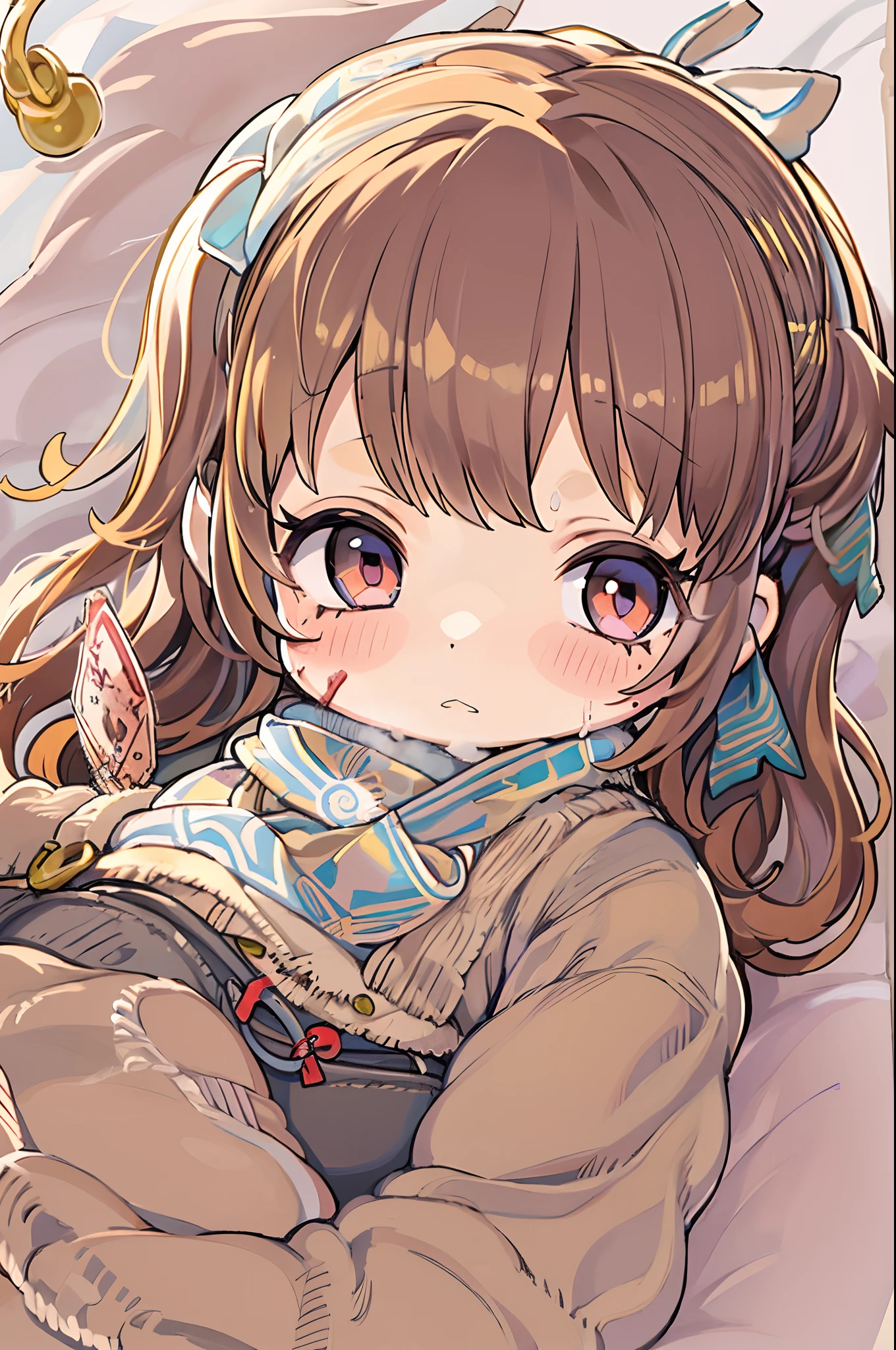 (1girl in), masutepiece, Best Quality, superfine illustration, a very pretty girl, extremely detailed beautiful face, Looking at Viewer, 1girl in, Belt bag, gros-plan, Looking at Viewer, 4K, hight resolution, bow ribbon, Phyllis Mistrout, blush, POV, twin-tail hair, White background, Simple background, thick outline, Purple eyes, (sleep), Brown hair, Chibi, expression of love, ((Brown hair)), (Blood),