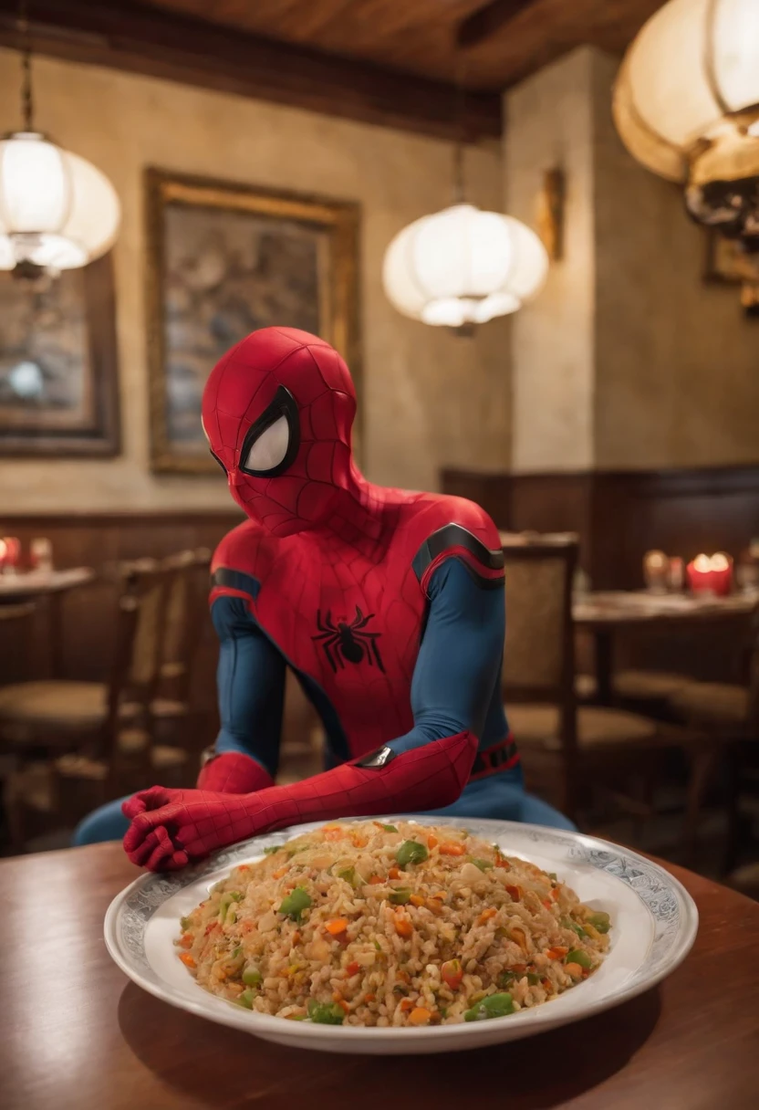 Cinematographer, ultra realista, Ropa detallada, Bellamente detallado, UHD, HDR, Altas Resoluciones, ultra detallado, Detalles intrincados, Efectos texturales, absurdos, obra maestra, 8k:1.2. En esta imagen, vemos a Spider-Man en un inusual descanso de sus actividades heroicas. He's standing in a chic Asian restaurant in his iconic costume....................... Spider-Man holds a bowl of Chinese fried rice mixed with oriental stir-fried noodles in his hands skillfully.., usando unos elegantes palillos chinos para llevar un bocado a su boca. The plate is full of fried rice, salteado. The restaurant is decorated with traditional Chinese elements, como linternas rojas colgando del techo y dragones dorados esculpidos en las paredes. The dim light of the lanterns creates a warm and welcoming atmosphere in the place.