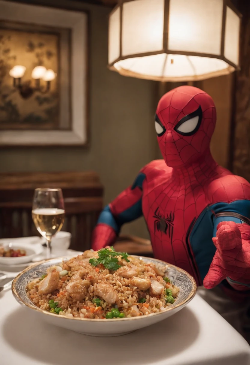 Cinematographer, ultra realista, Ropa detallada, Bellamente detallado, UHD, HDR, Altas Resoluciones, ultra detallado, Detalles intrincados, Efectos texturales, absurdos, obra maestra, 8k:1.2. En esta imagen, vemos a Spider-Man en un inusual descanso de sus actividades heroicas. He's standing in a chic Asian restaurant in his iconic costume....................... Spider-Man holds a bowl of Chinese fried rice mixed with oriental stir-fried noodles in his hands skillfully.., usando unos elegantes palillos chinos para llevar un bocado a su boca. The plate is full of fried rice, salteado. The restaurant is decorated with traditional Chinese elements, como linternas rojas colgando del techo y dragones dorados esculpidos en las paredes. The dim light of the lanterns creates a warm and welcoming atmosphere in the place.