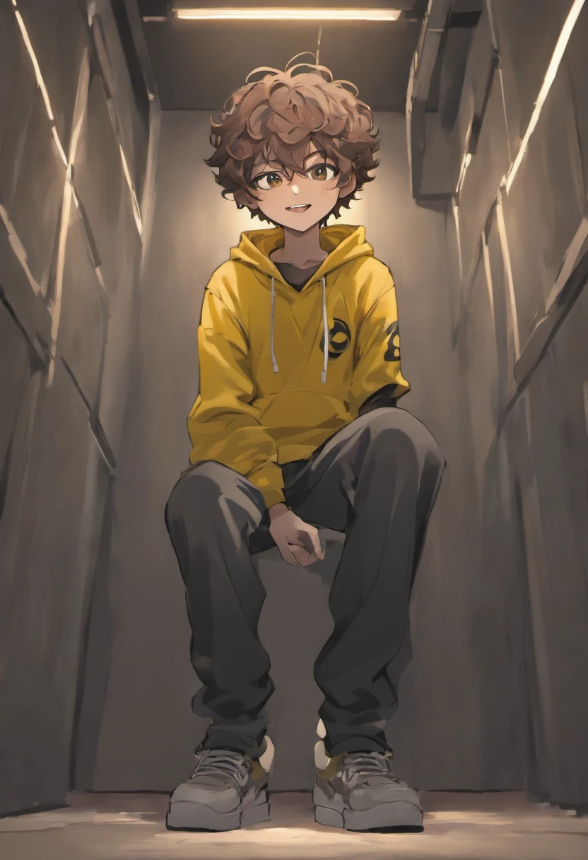 ((boy)),((dark brown light curly hair)), ((wearing grey hat)), ((hat type: bucket hat)), ((hat couler: grey)), ((desighn on hat: simple white smiley face)), ((wearing grey bucket hat with a simple white smiley face )), ((brown hair)), ((race:hispanic)), ((chlothing: red hoodie)), ((wearing red hoodie)), ((nothing on red hoodie)), (( basic red hoodie)), ((pose: doing a peace sighn with his hands)),((happy)), ((eyes closed)), ((smiling)),((eyes closed because of smiling)), ((black pants))