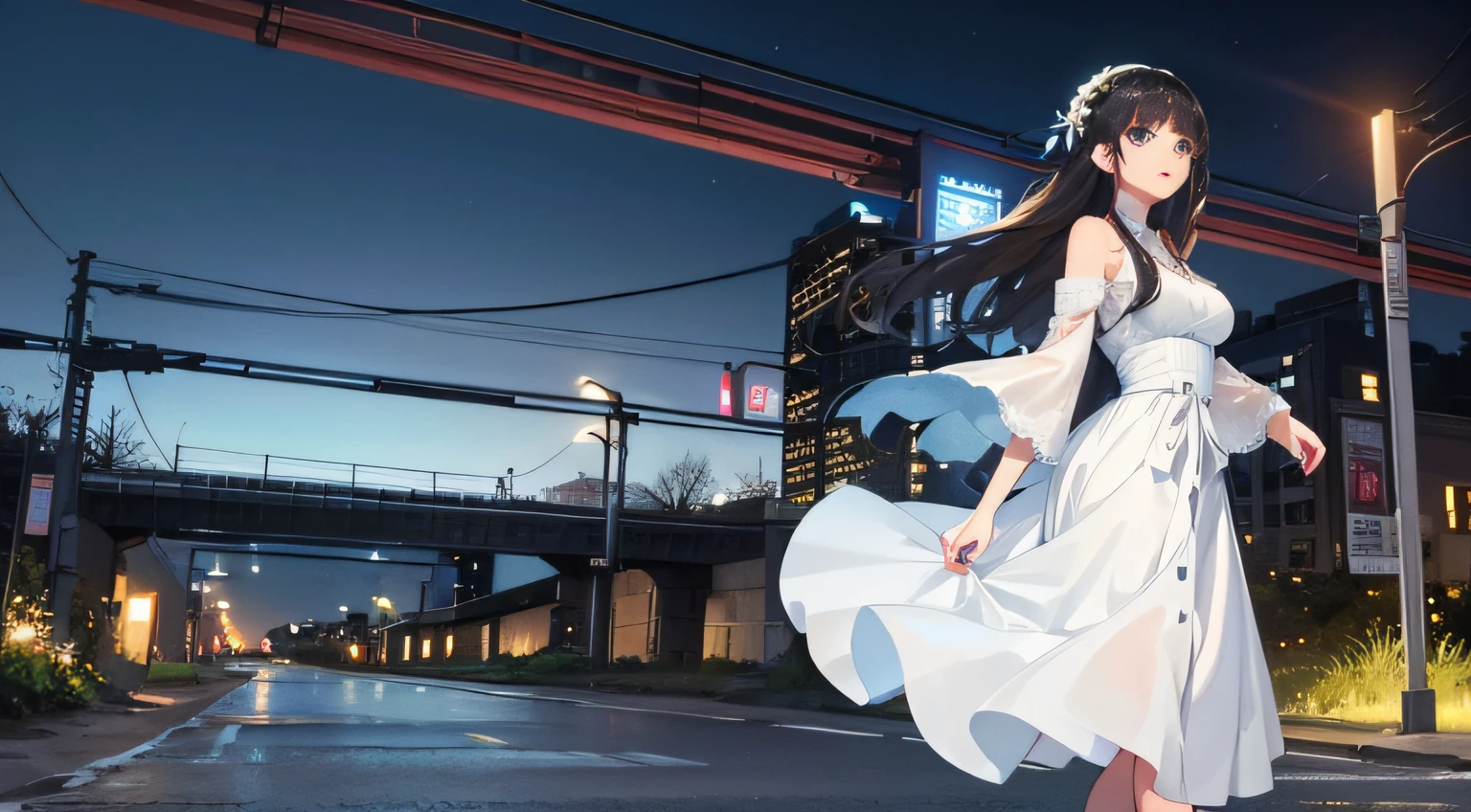 A beautiful girl in a white dress,Long black hair and blue eyes, Walking alone on the country road at night,Holding a pedal two-wheeled motorcycle。