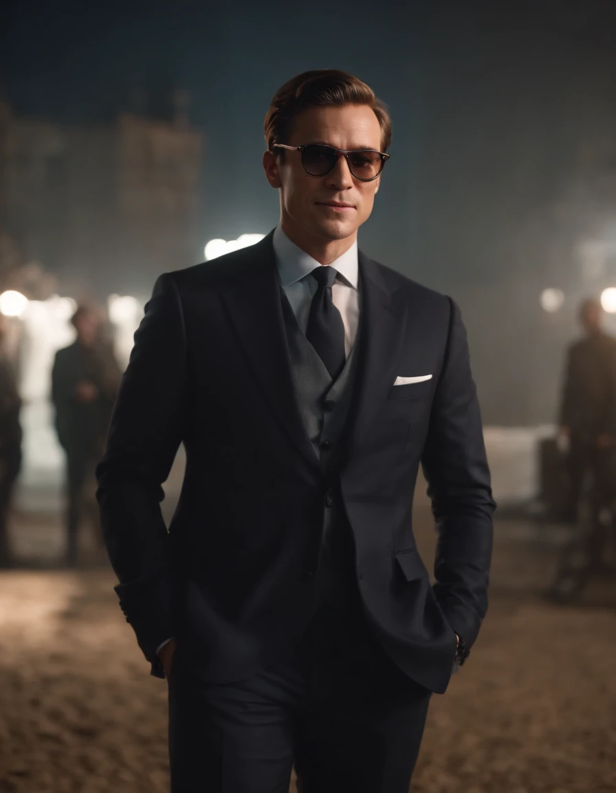 masterpiece, official art, 8k, best quality, highly detailed, mysterious, dark, sophisticated, upscale, auction house:1.2, men, suits, sunglasses, earpieces, security personnel, high-tech equipment, advanced surveillance technology, valuable items on display, the man in the foreground, confidently observing the scene with a sly smile.