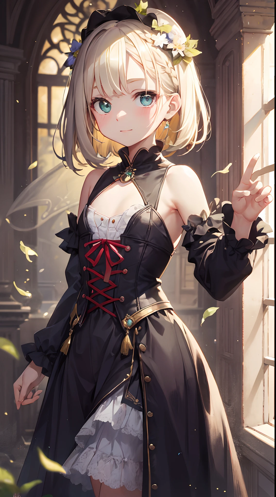 top-quality、masterpiece、The upper part of the body、 (Gamine:1.6)Ukrainian girls、(The best smile:0.4)、 braided blond hair、 emerald eyes、 Medieval dresses、neckline、 corsets、hair adornments、Ghibli's Worldview、central、Blur the background、独奏、flat chest , Flat、Cute gesture、Bruising acting、Infant body type、toddlers、rays of sunshine、dazzling、Hold your hand over it