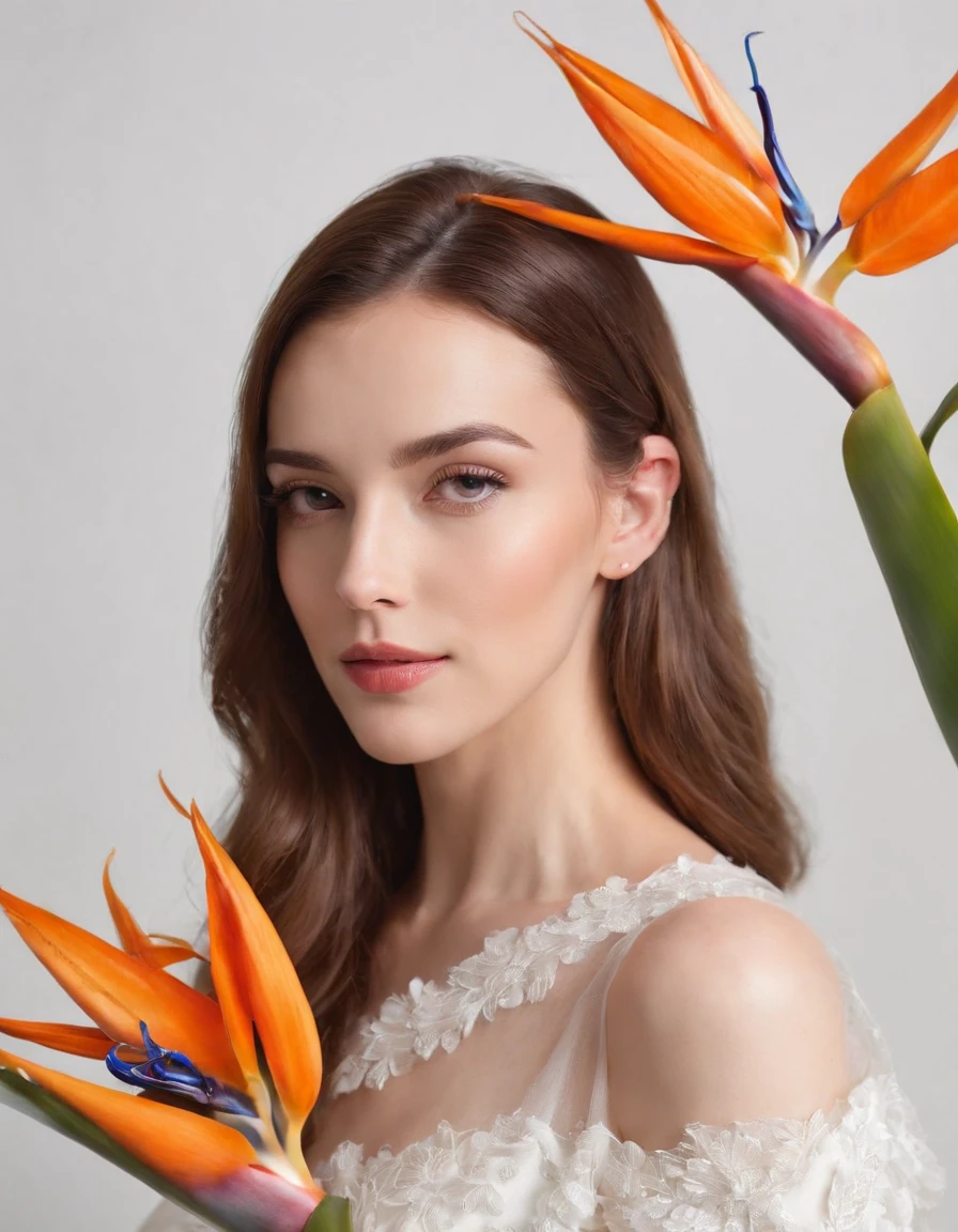 Woman in white dress holding some bird of paradise flowers, studio lighting, side shot, white background, bold colors, delicate jewelry, earrings, style with super fine details, high quality photo, medium body frame, medium close-up