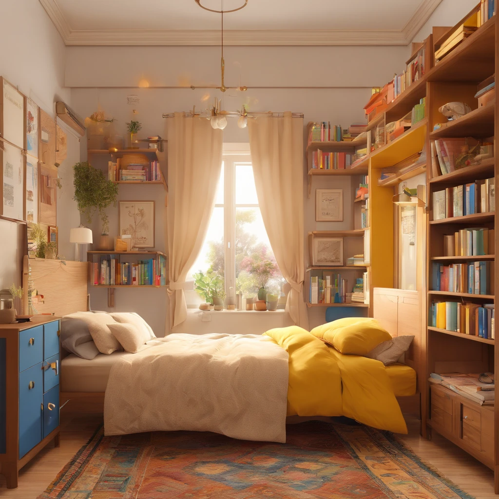 Inside (a light wood-colored bed with white sheets, yellow pillows and blue duvet), (a light wood-colored desk with a pencil, a notebook and a textbook), (a light wood-colored chair in front of the desk), There is a room with (a child sitting on a chair and studying at a desk), (a light wood-colored wardrobe with double doors, one of which is opened to reveal clothes hanging inside), a patterned carpet, a wall clock, a wall painting, (a bookcase with several books on its shelves), a full-length mirror. The room has the same dimensions in width, breadth or depth. The room has no roof or ceiling. The top of the room is open. The image is from outside the room and well above the ceiling, showing the room, the walls of the room and the garden outside the room, including the trees, the swing and the flowers, from an isometric perspective. This is a game screenshot. This image captures the furniture, home and lifestyle of 1900s America.
