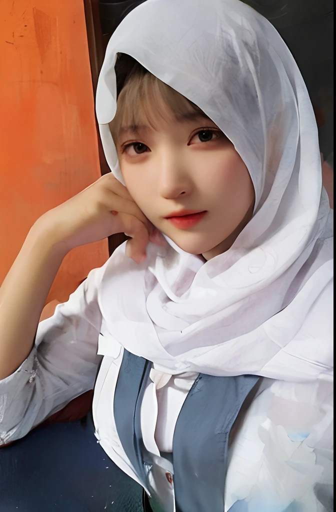 stechu,(white background:1.4), ((tachi-e)), original,(illustration:1.1),(best quality),(masterpiece:1.1),(extremely detailed CG unity 8k wallpaper:1.1), (colorful:0.9),(panorama shot:1.4),(solo:1.2), (ink splashing),(color splashing),((watercolor)), clear sharp focus,{ 1girl standing },((korean style )),flower background,outdoors,rocks, looking at viewer, make happy expressions,soft smile,pure,beautyfull detailed face and eyes,beautyfull intricacy clothing decorative pattern details, hijab,black eyes,colorwater,super big breast,huge breast,(P cup),showing breast