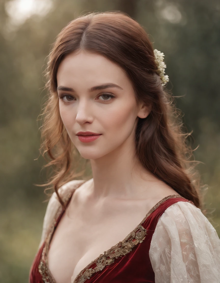 (realistic oil art, image up to the waist, 35-year-old woman, brown hair, long wavy hair), medieval clothing, rich dress, medieval dress, red-and-white dress, critical camera, blurred background, warm light, more details in clothing, strong leftovers, upper body, lady