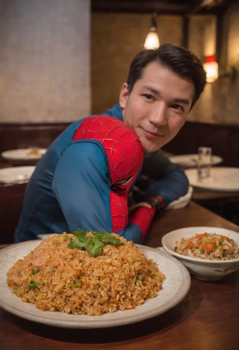 Cinematographer, ultra realista, Ropa detallada, Bellamente detallado, UHD, HDR, Altas Resoluciones, ultra detallado, Detalles intrincados, Efectos texturales, absurdos, obra maestra, 8k:1.2. En esta imagen, vemos a Spider-Man en un inusual descanso de sus actividades heroicas. He's standing in a chic Asian restaurant in his iconic costume........................ Spider-Man holds a bowl of Chinese fried rice mixed with oriental stir-fried noodles in his hands skillfully.., usando unos elegantes palillos chinos para llevar un bocado a su boca. The plate is full of fried rice, salteado. The restaurant is decorated with traditional Chinese elements, como linternas rojas colgando del techo y dragones dorados esculpidos en las paredes. The dim light of the lanterns creates a warm and welcoming atmosphere in the place.