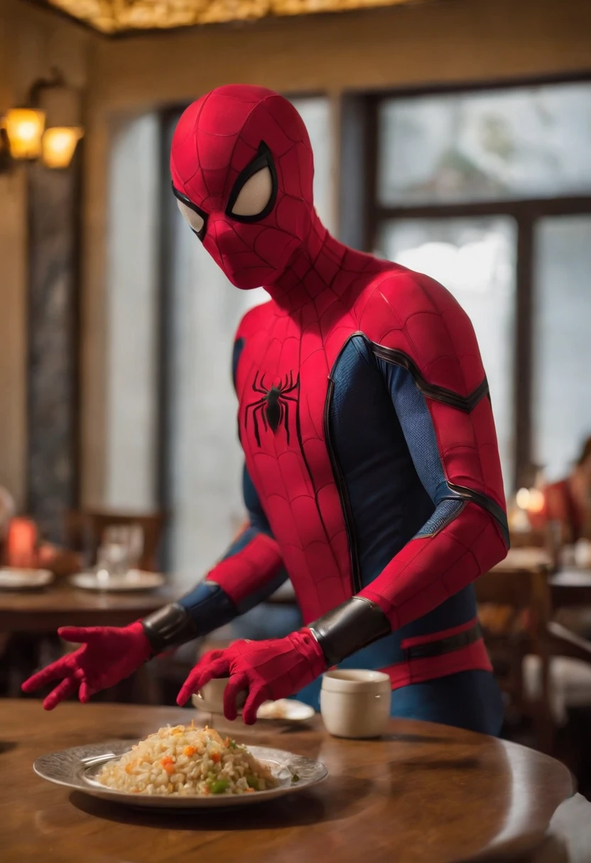 Cinematographer, ultra realista, Ropa detallada, Bellamente detallado, UHD, HDR, Altas Resoluciones, ultra detallado, Detalles intrincados, Efectos texturales, absurdos, obra maestra, 8k:1.2. En esta imagen, vemos a Spider-Man en un inusual descanso de sus actividades heroicas. He's standing in a chic Asian restaurant in his iconic costume....................... Spider-Man holds a bowl of Chinese fried rice mixed with oriental stir-fried noodles in his hands skillfully.., usando unos elegantes palillos chinos para llevar un bocado a su boca. The plate is full of fried rice, salteado. The restaurant is decorated with traditional Chinese elements, como linternas rojas colgando del techo y dragones dorados esculpidos en las paredes. The dim light of the lanterns creates a warm and welcoming atmosphere in the place.