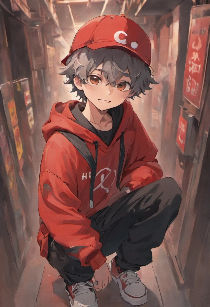 A boy wearing a grey bucket hat with a white smiley face on it, boy has dark brown curly hair, boy is wearing simple red hoodie and black pants, boy is happy closing his eyes while doing the peace sighn with his hands, race: hispanic