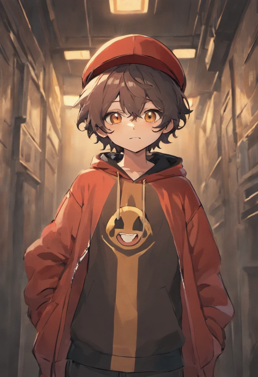 A boy wearing a grey bucket hat with a white smiley face on it, boy has dark brown curly hair, boy is wearing simple red hoodie and black pants, boy is happy closing his eyes while doing the peace sighn with his hands, race: hispanic