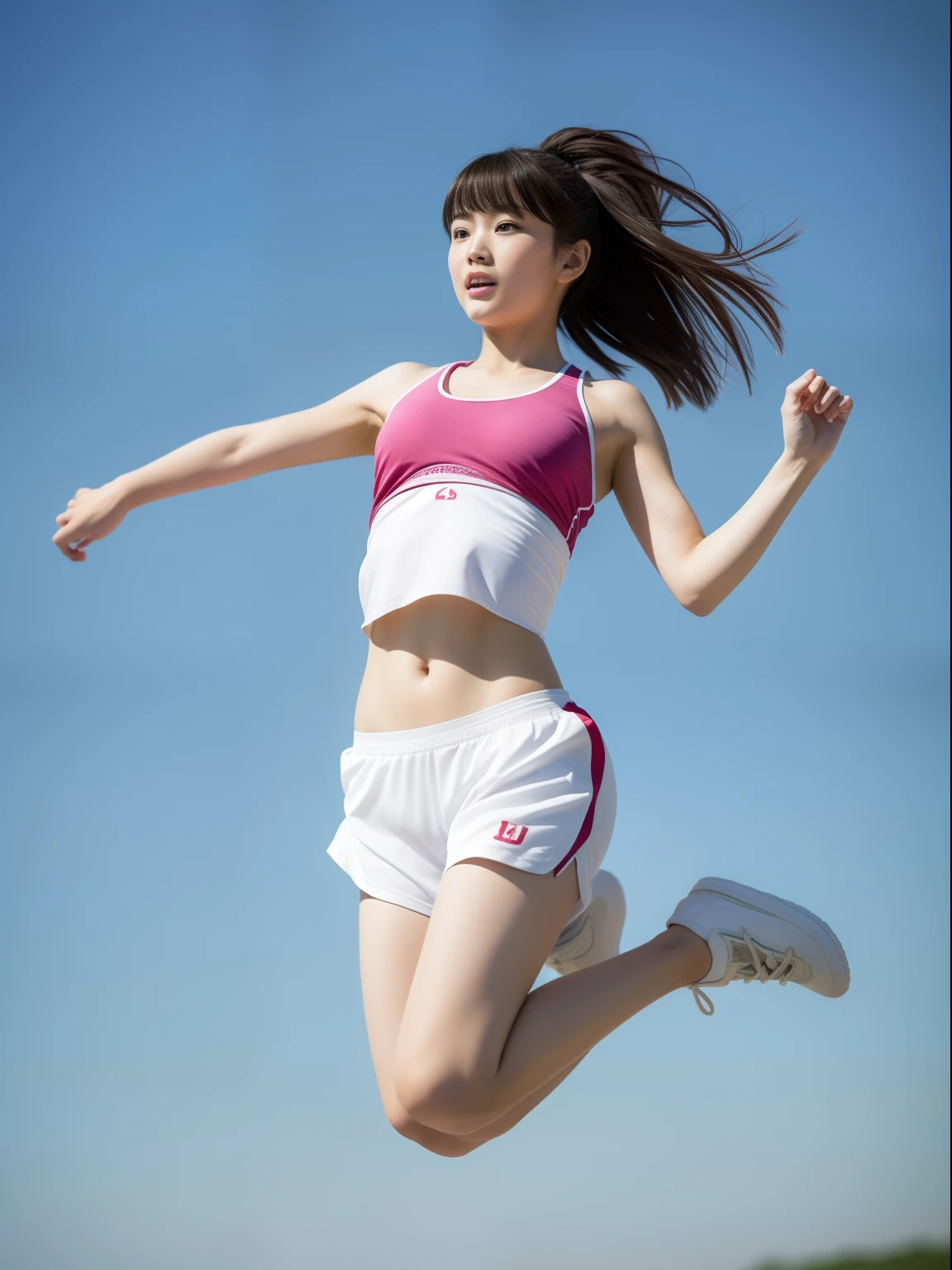japanese cute ladies jumping,enter the whole body,RAW photo,women's athletics short pants wear,best quality,realistic, photo-realistic, best quality ,masterpiece,an extremely delicate and beautiful, extremely detailed,2k wallpaper, Amazing, finely detail, 8k wallpaper,huge filesize , ultra-detailed, highres, extremely detailed,realistic, 8K, Ultra-High Definition, highest quality, ultra high resolution, (realistic:1.4), High quality texture
