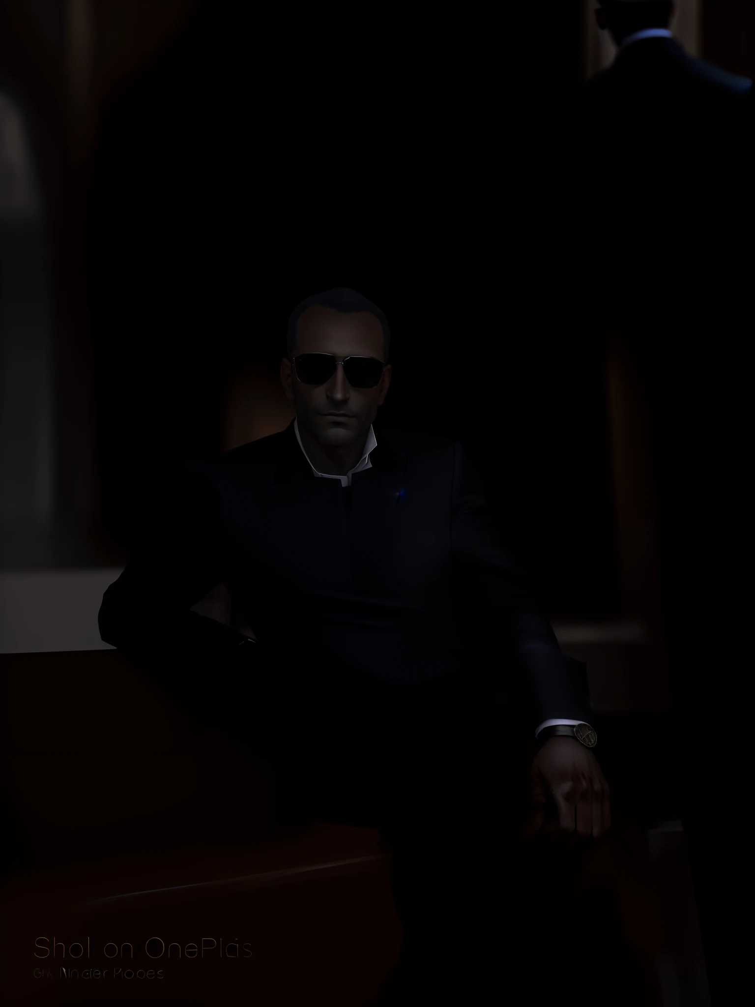 masterpiece, official art, 8k, best quality, highly detailed, mysterious, dark, sophisticated, upscale, auction house:1.2, men, suits, sunglasses, earpieces, security personnel, high-tech equipment, advanced surveillance technology, valuable items on display, the man in the foreground, confidently observing the scene with a sly smile.