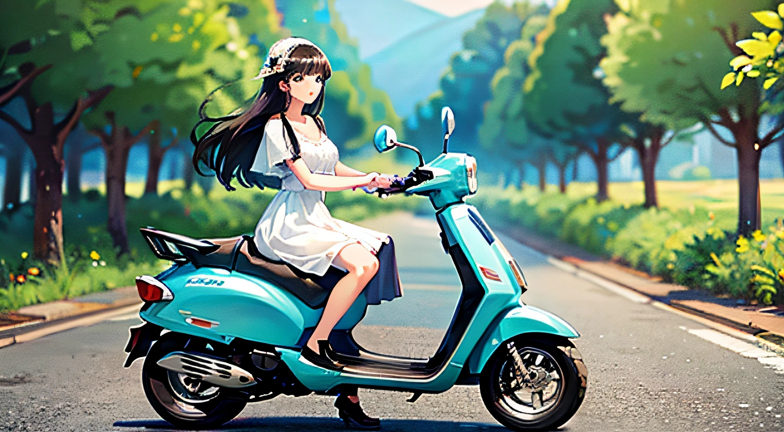 A beautiful girl in a white dress, with long black hair and blue eyes, walks alone on the road in the countryside at night, holding on to a scooter:1.8
