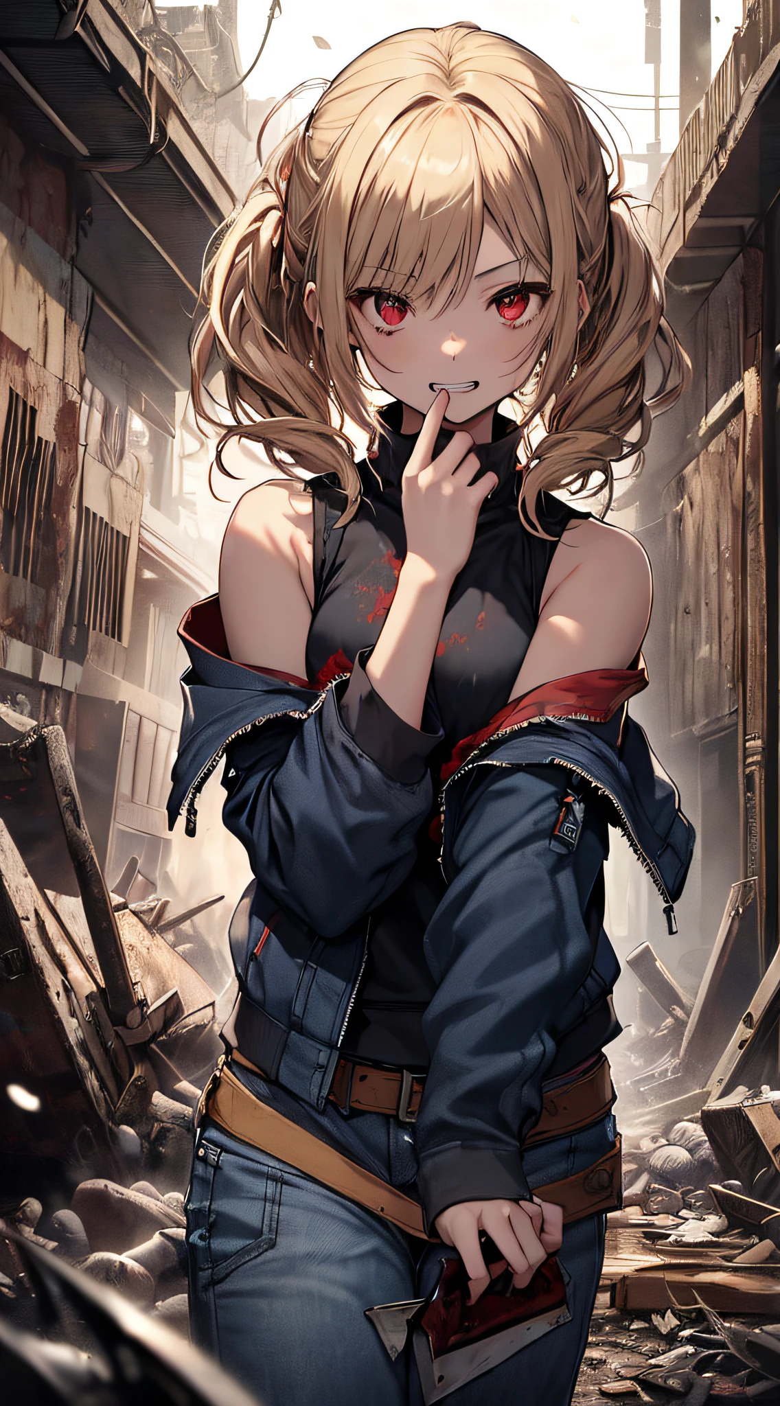 top-quality、Top image quality、masterpiece、girl with((18year old、Black tank top、Blue jacket、White pants、Best Bust、Bust 85、a blond、poneyTail、Red Eyes、open chest wide、Happiness、Return blood、Holding a Japan sword、facepaint))hiquality、visualart、Background with((World of War))、