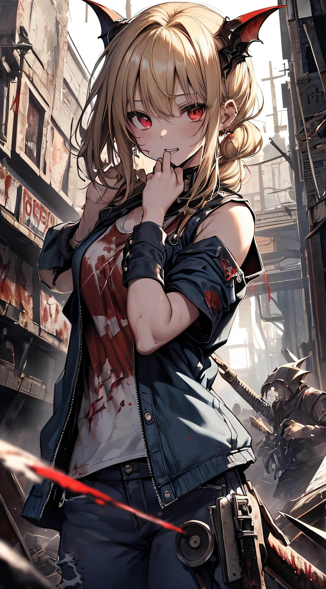Highly detailed, High Quality, Masterpiece, beautiful, JohnnysVictim, <lora:HereIsJohnny:1>, broken wall, power \(csm\), sharp teeth, symbol-shaped pupils, cross-shaped pupils, <lora:csm_power-13:0.6>, against wall, screaming, crying, tears, axe,