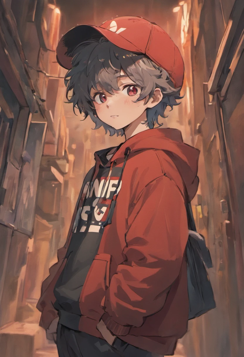 A boy wearing a grey bucket hat with a white smiley face on it, boy has dark brown curly hair, boy is wearing simple red hoodie and black pants, boy is happy closing his eyes while doing the peace sighn with his hands, race: hispanic