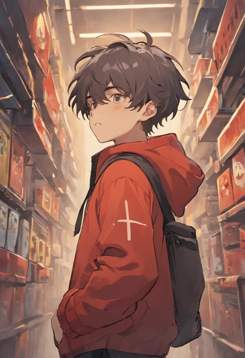 A boy wearing a grey bucket hat with a white smiley face on it, boy has dark brown curly hair, boy is wearing simple red hoodie and black pants, boy is happy closing his eyes while doing the peace sighn with his hands, race: hispanic