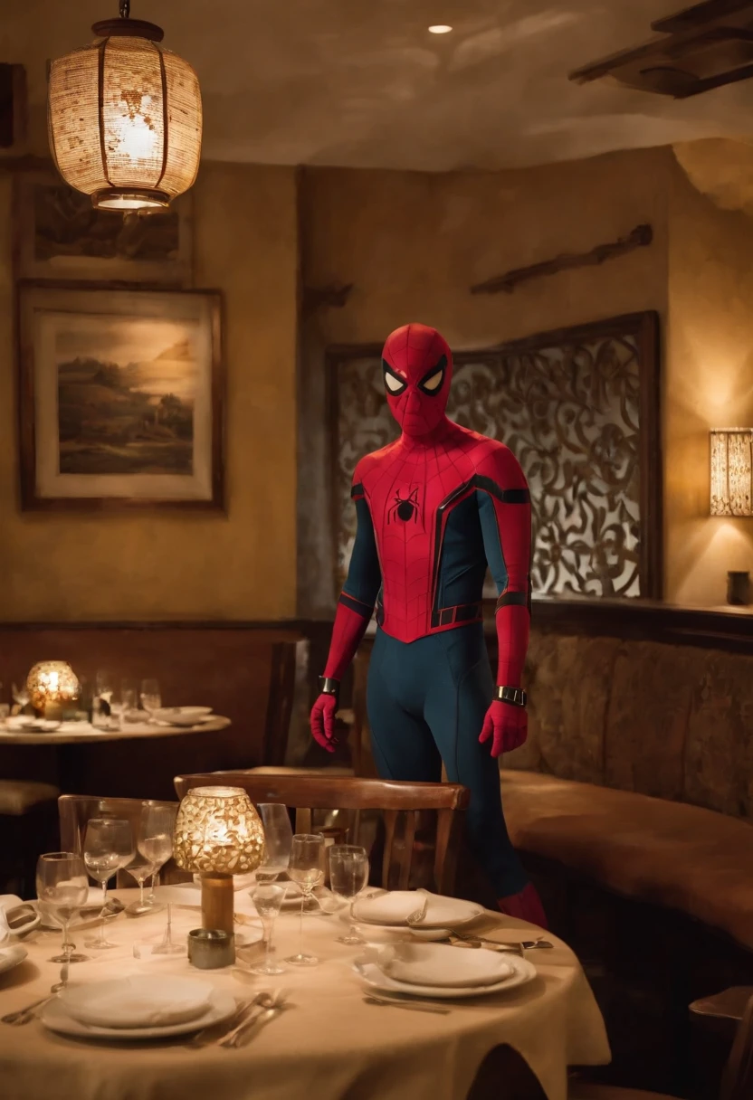 Cinematographer, ultra realista, Ropa detallada, Bellamente detallado, UHD, HDR, Altas Resoluciones, ultra detallado, Detalles intrincados, Efectos texturales, absurdos, obra maestra, 8k:1.2. En esta imagen, vemos a Spider-Man en un inusual descanso de sus actividades heroicas. He's standing in a chic Asian restaurant in his iconic costume......................... Spider-Man holds a bowl of Chinese fried rice mixed with oriental stir-fried noodles in his hands skillfully.., usando unos elegantes palillos chinos para llevar un bocado a su boca. The plate is full of fried rice, salteado. The restaurant is decorated with traditional Chinese elements, como linternas rojas colgando del techo y dragones dorados esculpidos en las paredes. The dim light of the lanterns creates a warm and welcoming atmosphere in the place.
