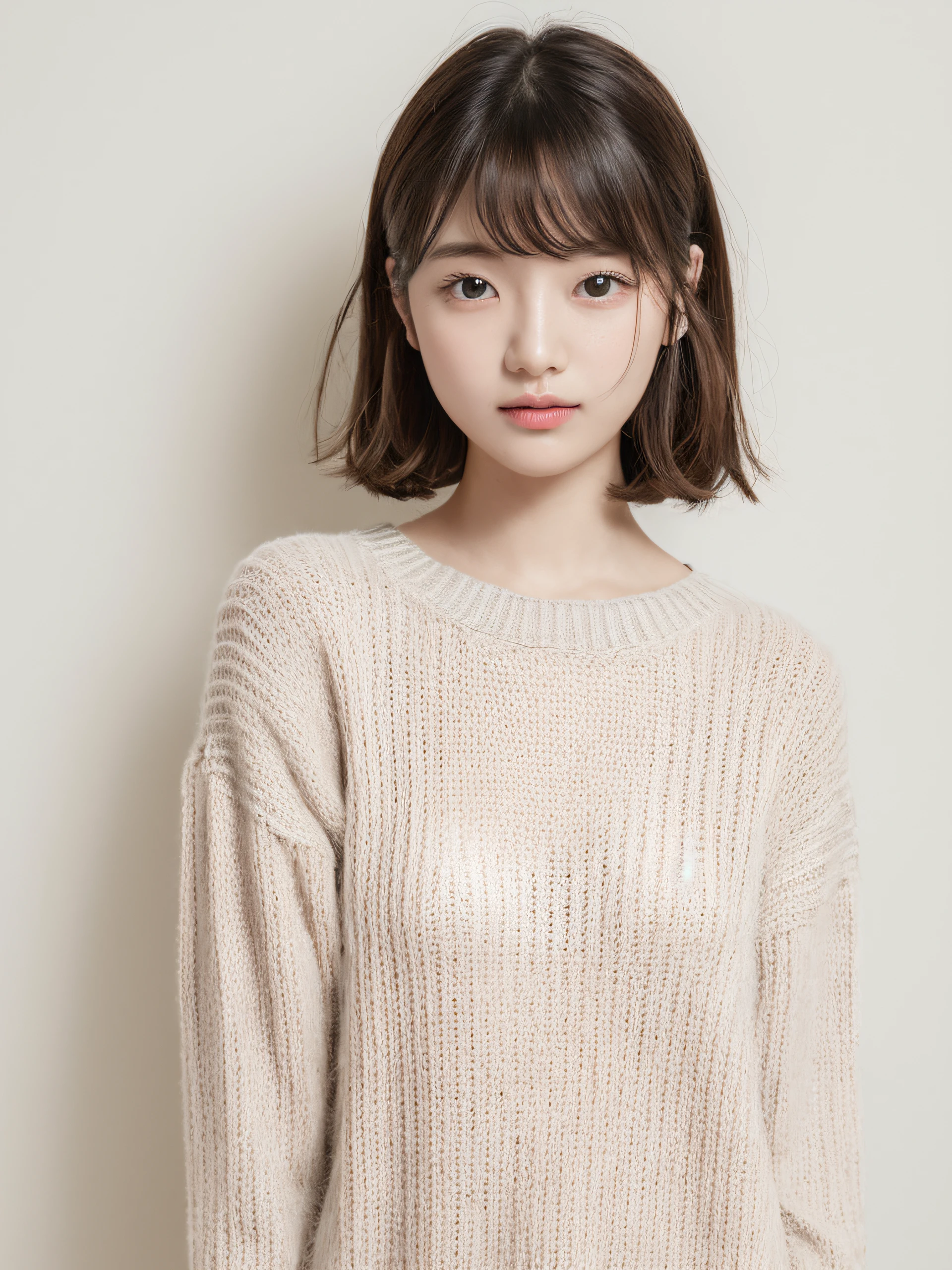 top-quality、masterpiece、hight resolution、1girl in、独奏、Raw photo、Real person、Detailed skin、japanes、brawn hair、thin bunches of bangs、bobhair、Floating hair、fullllbody,Sweat knitwear、White Room、catchlight、white walls