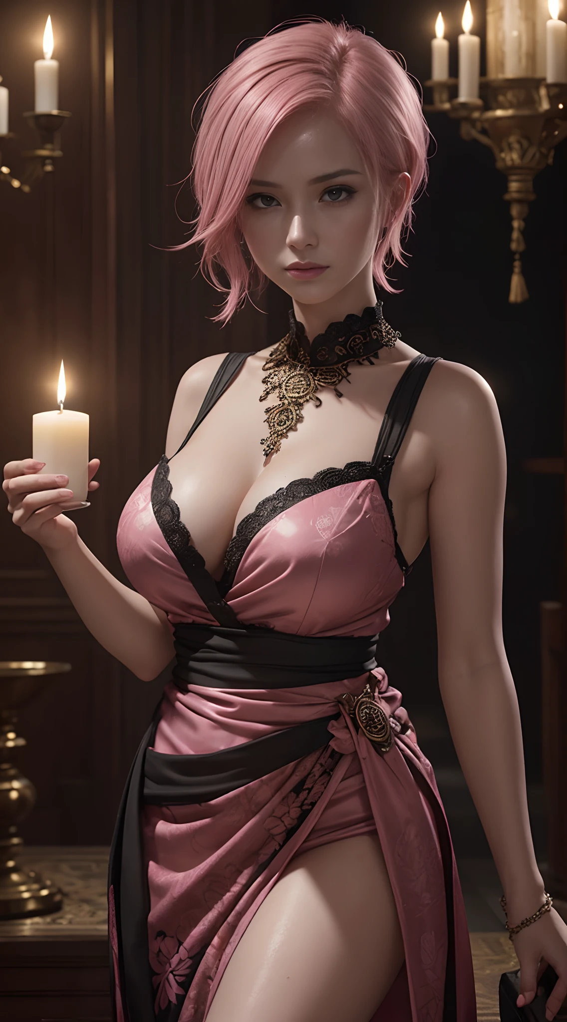 (A beautiful 25 years old female model), (short pink hair), (busty cup size), (pale skin), (detailed oily and sweaty skin),  (wearing pink and black dress with batik ornate), (candle-lit temple at night), sexy pose, (chiaroscuro lighting), photo realism, intricate face detail, intricate hand details, highly detailed, vibrant colors, cinematic, 8k, trending on Artstation--style raw