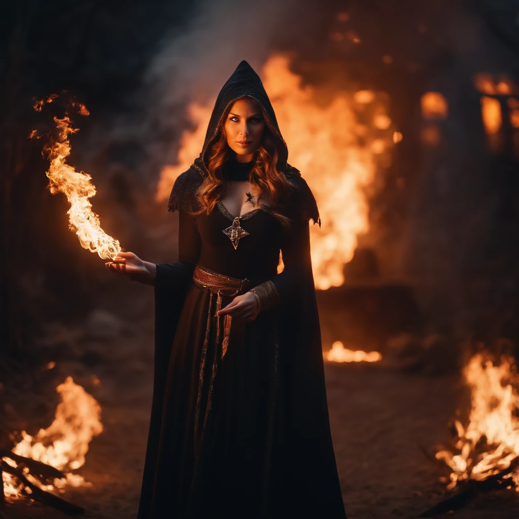 modelshoot style, waist up, award winning digital art of a beautiful sorceress conjuring fire, fully clothed, in a burning and destroyed fantasy village, detailed eyes, magical, d&d, masterpiece, best quality, high contrast, soft lighting, backlighting, bloom, light sparkles, chromatic aberration, smooth, sharp focus