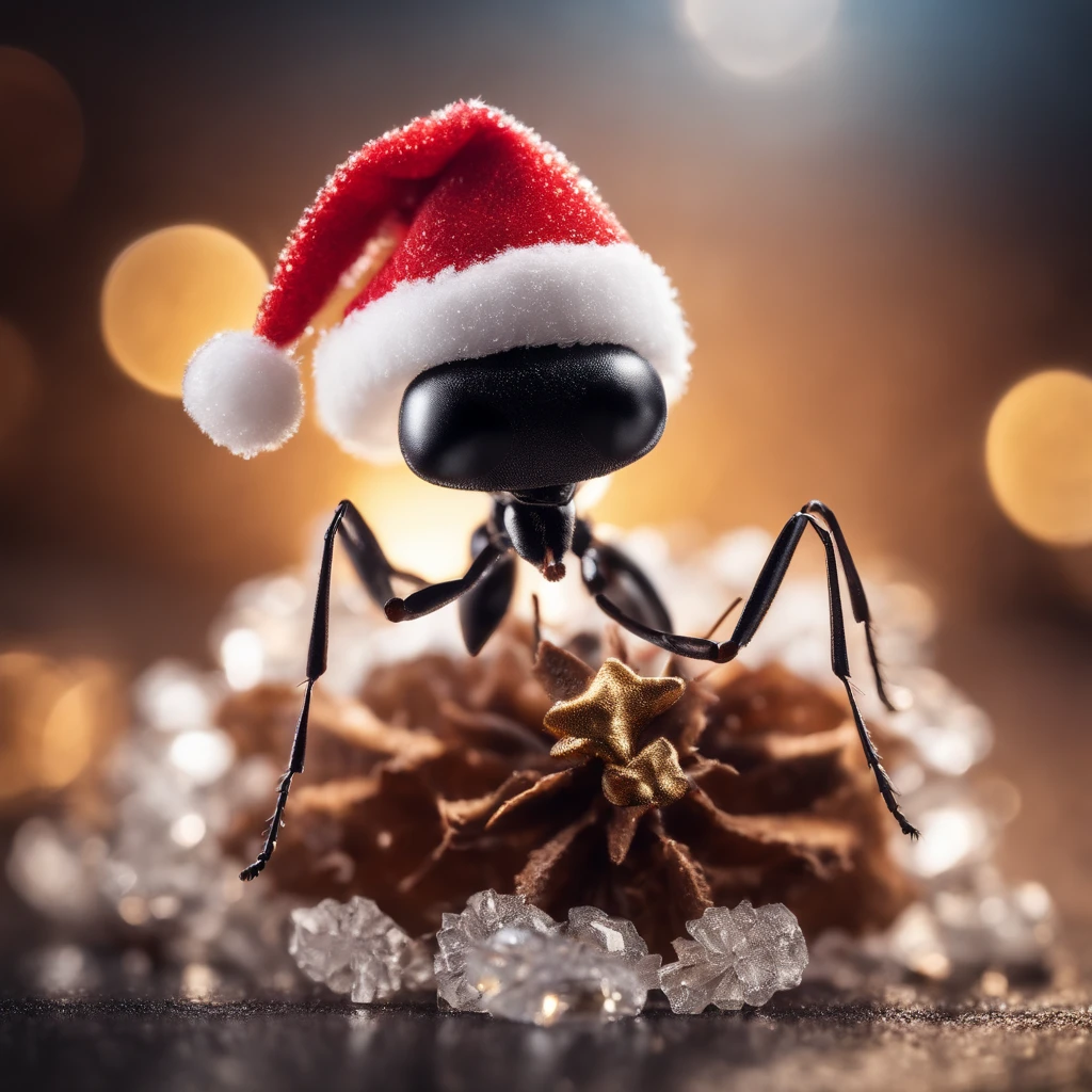 an ant with a Christmas hat stands on a piece of crystal snowflake