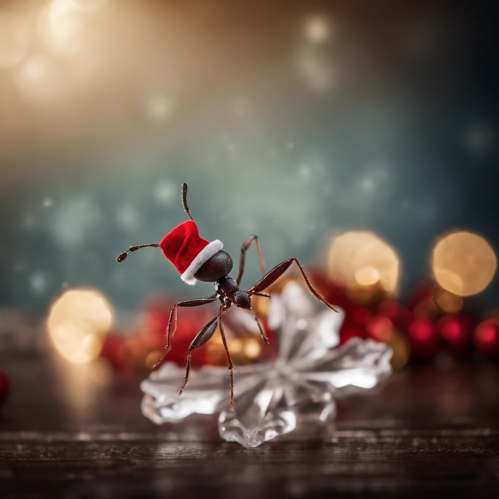 an ant with a Christmas hat stands on a piece of crystal snowflake