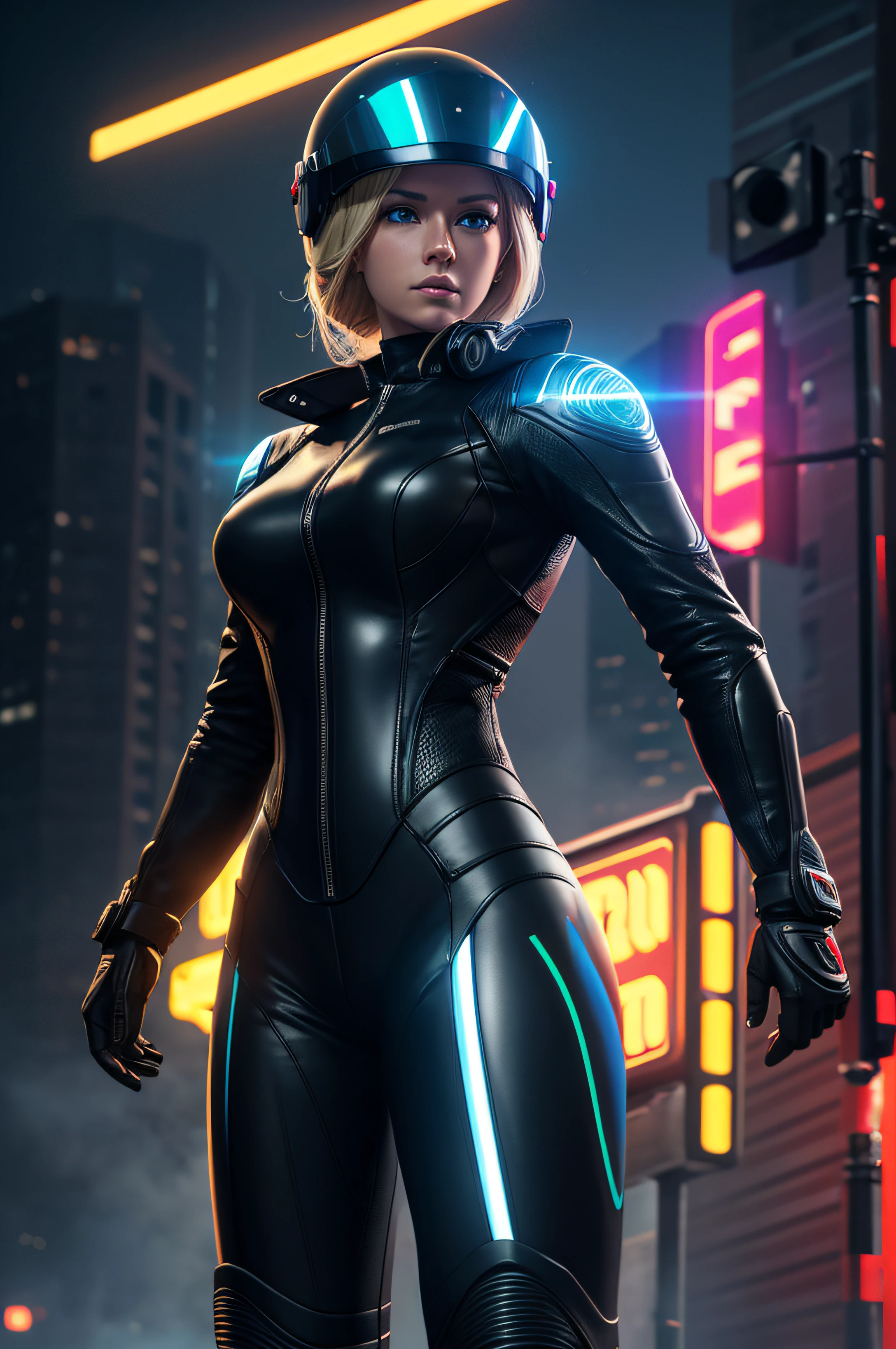 full - body shot Beautiful beautiful beautiful robot policewoman on a motorcycle, wearing a motorcycle helmet and motorcycle leather suit, standing at an intersection in a devastated city during fog smoke at night. She has blonde hair, blue eyes, and white skin, with ultra - realistic leather texture character design, cartoon, 2K Boston, cgi, cinematic lighting, happycore, 3d, vray 6 render, neon vibrant colors