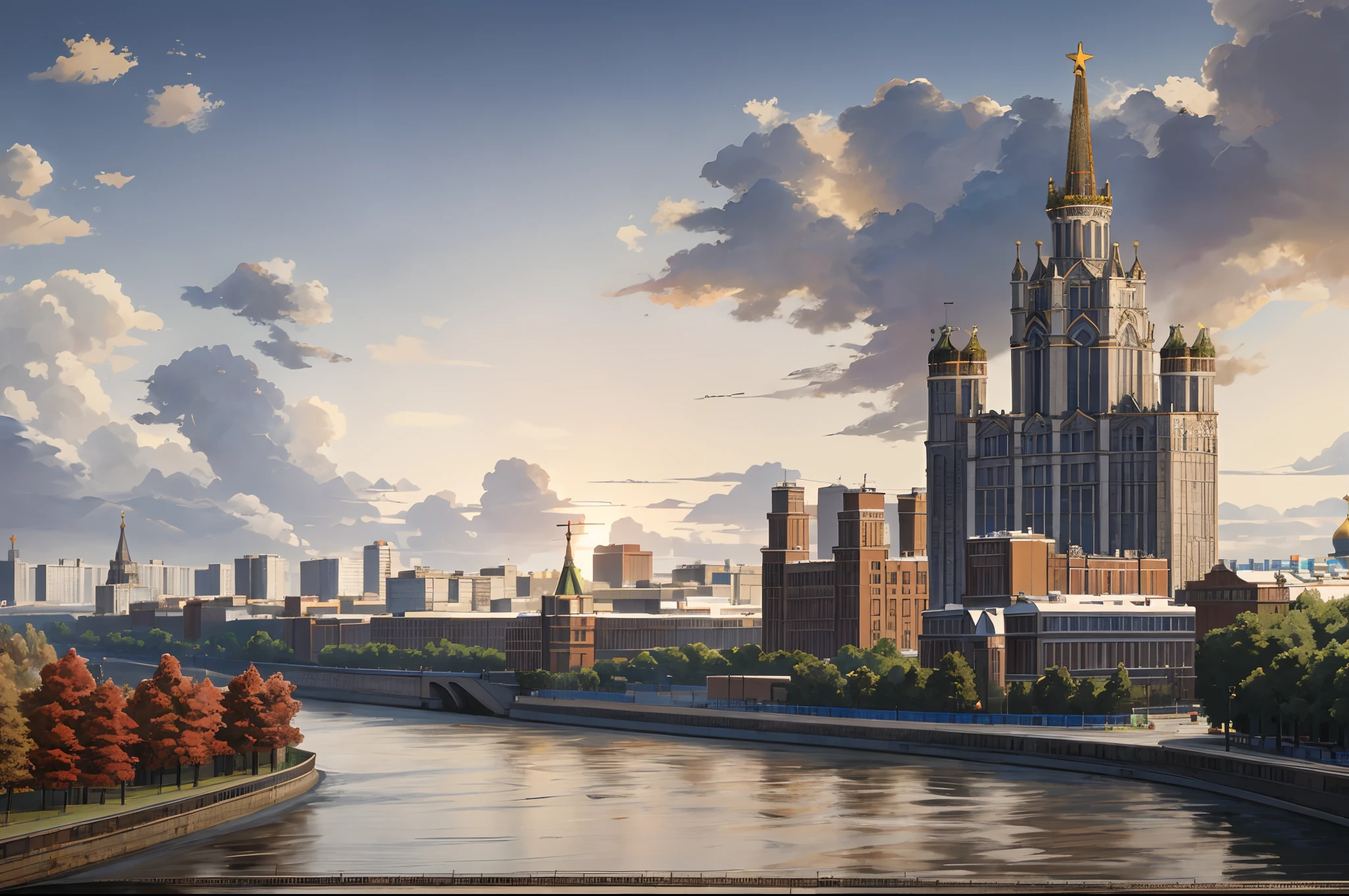 Kotelnicheskaya Embankment Building in anime style, street drwan in 2D anime stylistic, anime vibe, line drawing, arafly tall building with a spire on top of it next to a river, with stalinist style highrise, stalinist architecture, moscow, in moscow centre, soviet architecture, street of moscow, surrounding the city, russian city, by Fyodor Rokotov, soviet apartment buildings, beautiful russia of the future, by Serhii Vasylkivsky