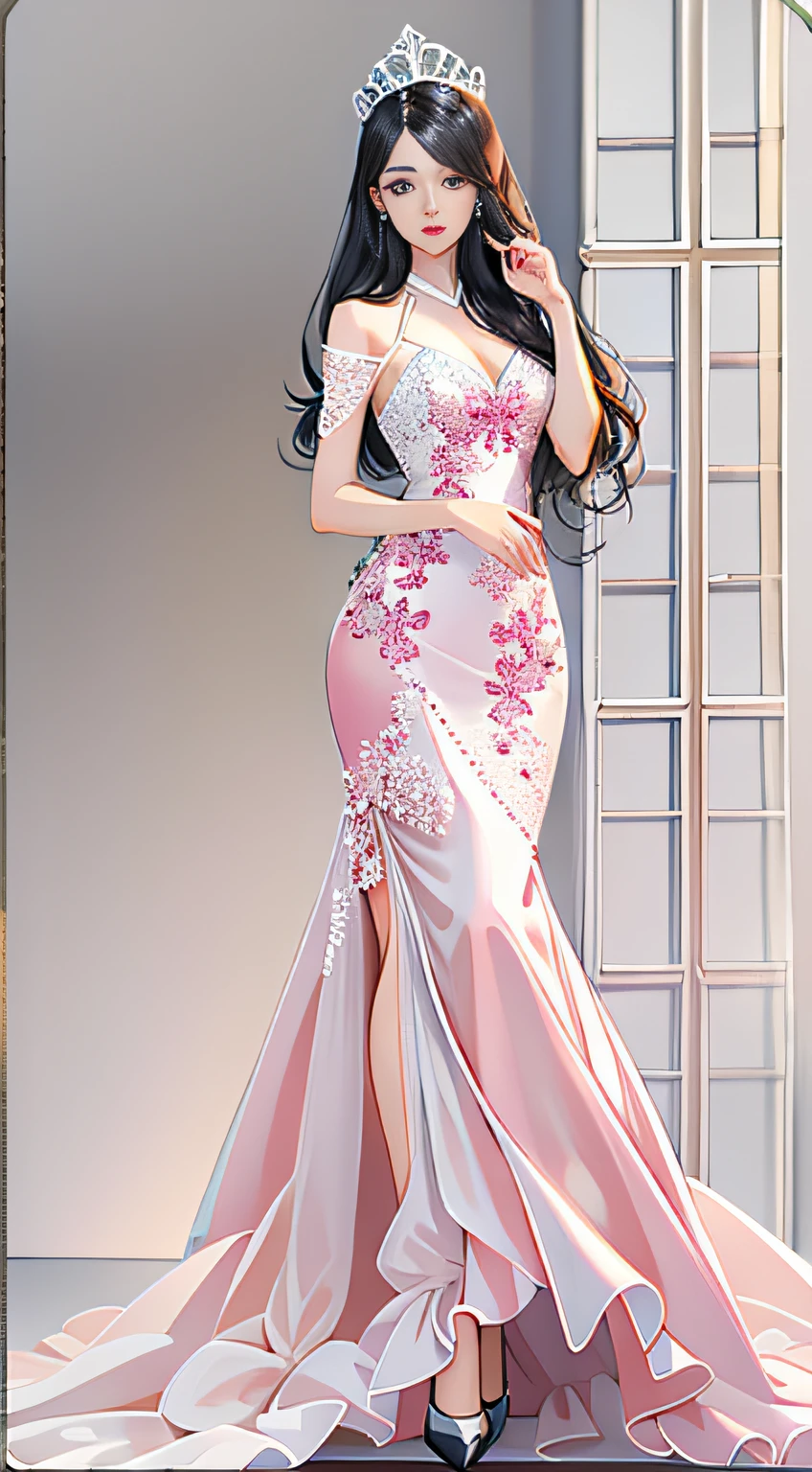 1 girl with pure desire，Age 25 years，standing on your feet，wearing evening gown，Charming looking，Feminized facial features，mesmerizing eyes，Straight hair，A calm posture，Porcelain-like skin，Subtle blush，a white wall，ultra - detailed，offcial art，统一 8k 壁纸，2.5D thick coating，Characters shrink，fully body photo，Wear high heels
