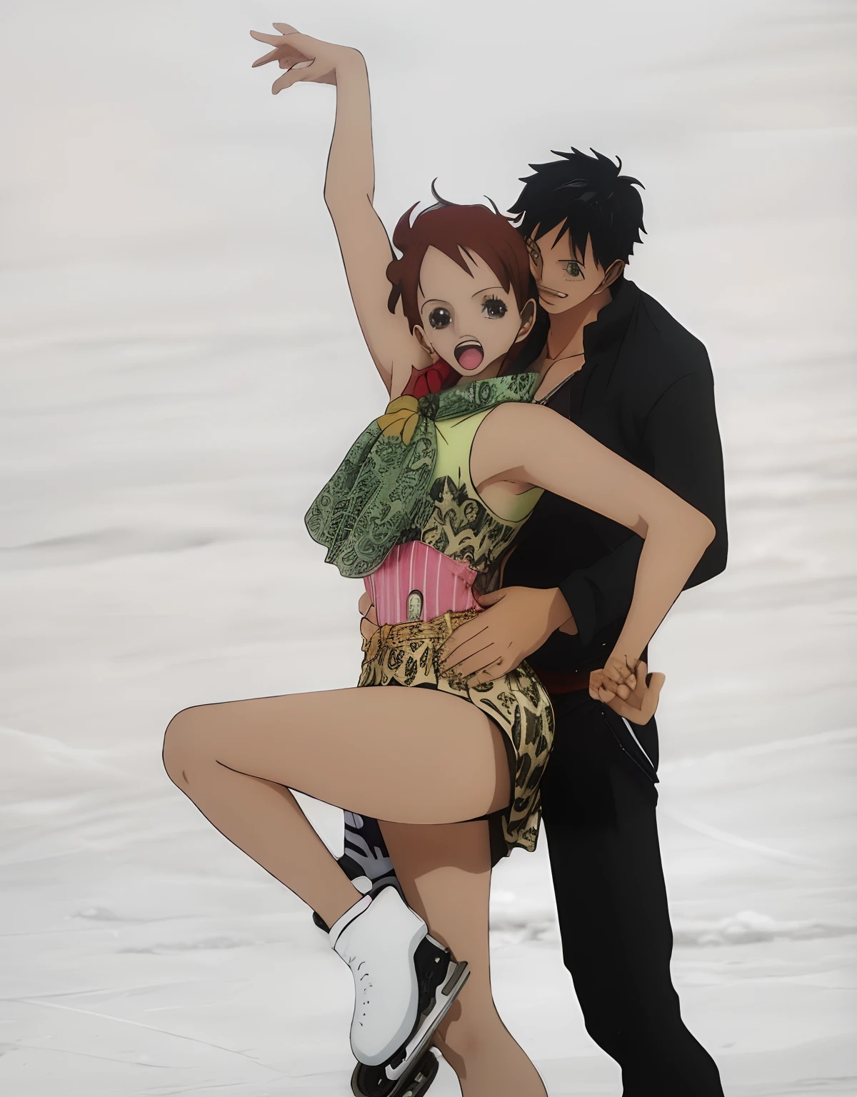 Figure skating with a man and a woman, Change to anime One Piece style, The boy was changed to Ruf, For girls read Robin,