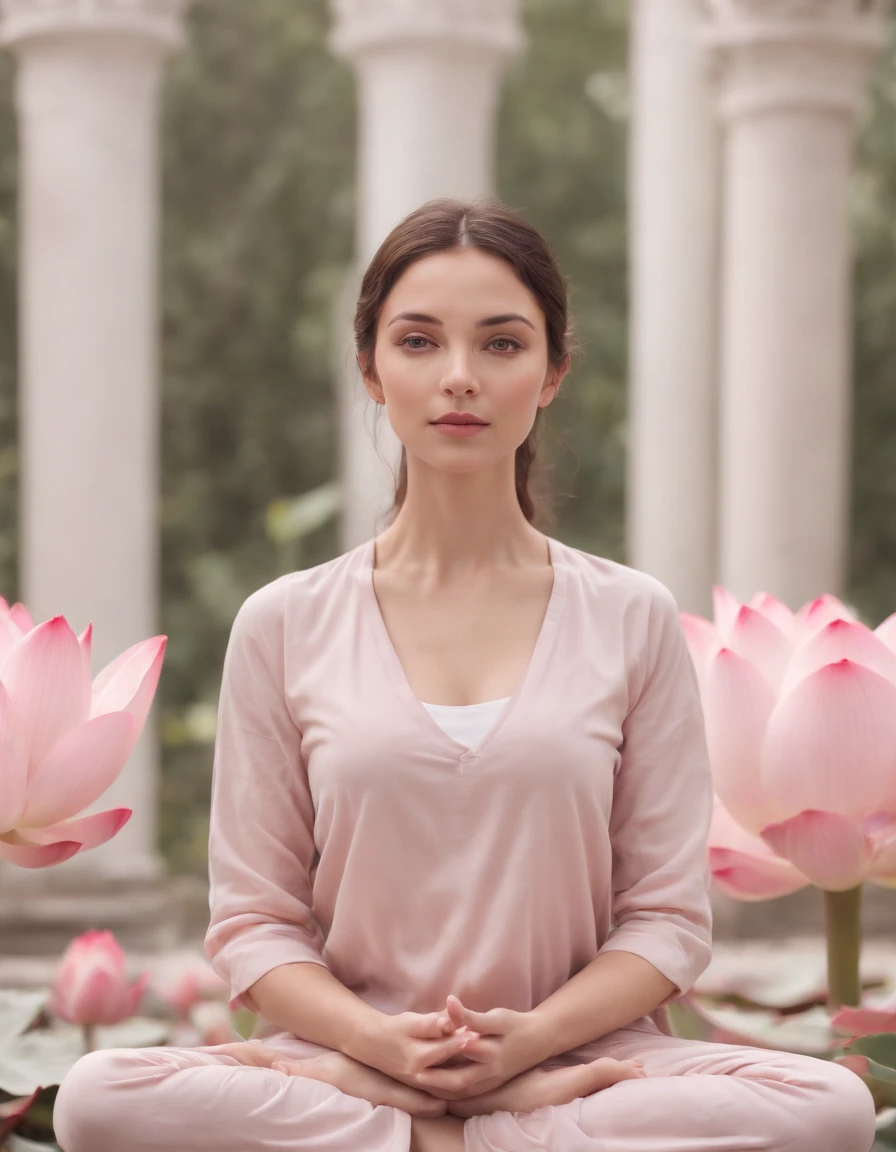 woman in lotus flower pose meditating, surreal setting, pale pink colors, high quality photography