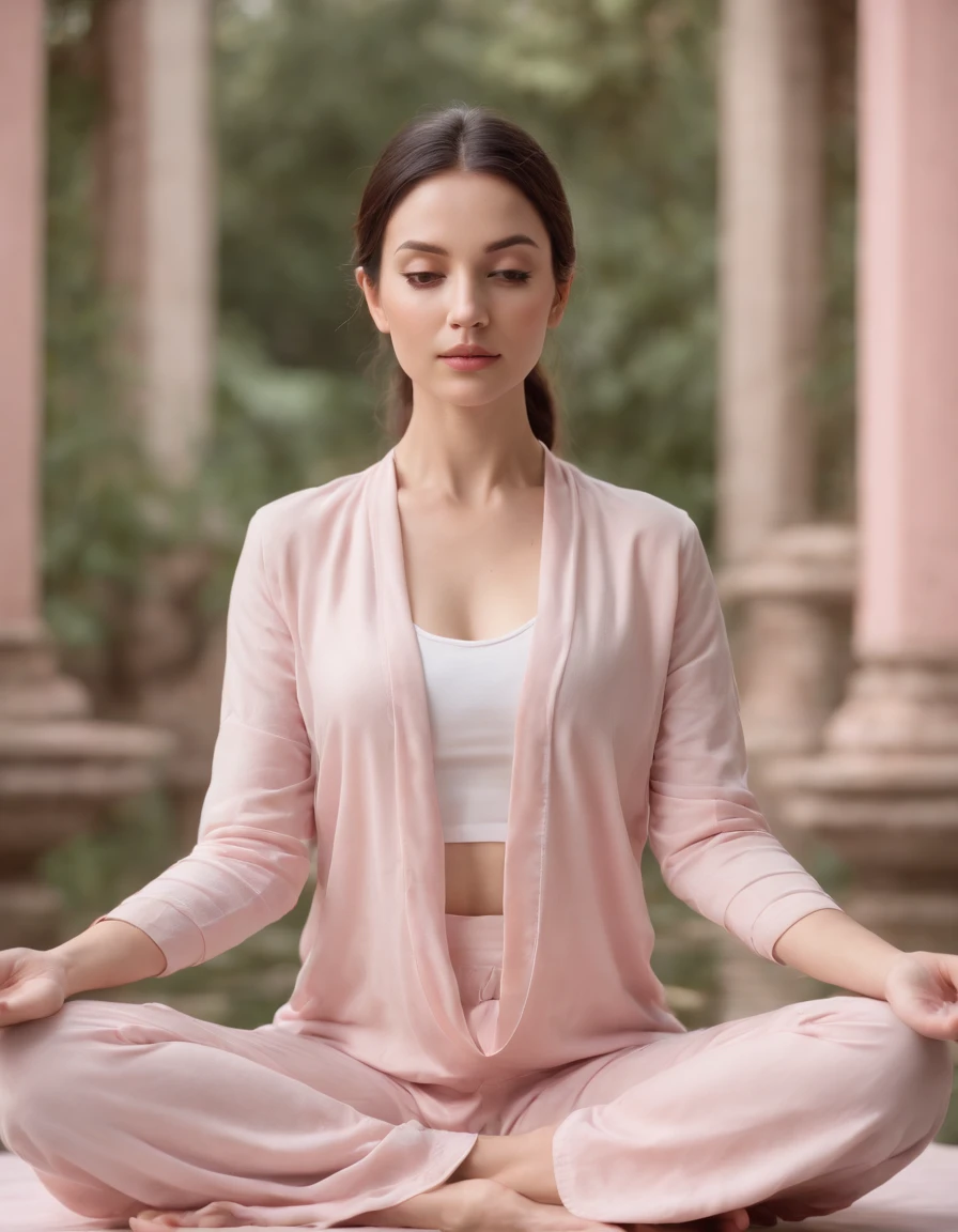 woman in lotus flower pose meditating, surreal setting, pale pink colors, high quality photography, (medium long shot)