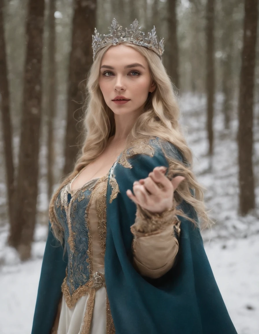 Woman with an ice tiara on her head and a navy blue winter cloak with golden details, broche de floco de neve. longos cabelos pretos. rainha do inverno, princesa elfa, retrato de uma rainha elfa, rainha elfa, princesa inverno, uma rainha elfa, artgerm em artstation pixiv, bela e elegante rainha elfa, corpo inteiro. Standing in the snow in front of a large icy castle. Personagem de RPG. Era medieval. Mulher elfa. Elfa de cabelos ruivos. Olhos azuis. Elfa da floresta. Elfa Guerreira da floresta. Elfa arqueira. Arqueira medieval. Arco e Flecha. Organic Amadura. Armadura verde musgo. soft ilumination. Standing in the middle of the forest. Floresta densa. Cogumelos bioluminescentes. fantastical setting. Luz do dia. Luz solar. realces de cores quentes. Paleta verde azul e amarelo. RPG Character design. modelo ig | artgerm, :: rossdraws, obra de arte no estilo de guweiz, extremamente detalhada artgerm. corpo inteiro, fundo detalhado de um castelo, hiper detalhado, rosto detalhado, foto sincera POV, por lee jeffries, Nikon d850, filme fotografia de estoque ,4 kodak portra 400, F1 camera lens.6, cores ricas, hiper realista, textura realista, lighting dramatic, cinestill 800 (8k, Foto RAW, melhor qualidade, obra-prima: 1.2), ultra-detalhado, (pele altamente detalhada: 1.2), 8k UHD, DSLR, soft ilumination, alta qualidade.modelo ig | artgerm, :: rossdraws, obra de arte no estilo de guweiz, extremamente detalhada artgerm. corpo inteiro, fundo detalhado de um castelo, hiper detalhado, rosto detalhado, foto sincera POV, por lee jeffries, Nikon d850, filme fotografia de estoque ,4 kodak portra 400, F1 camera lens.6, cores ricas, hiper realista, textura realista, lighting dramatic, cinestill 800