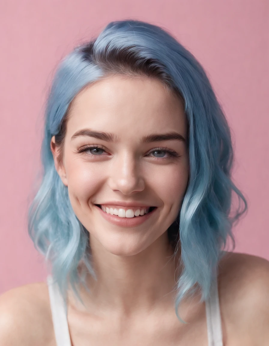 laughing woman with blue hair smiles on pink background, in the style of blue, brooke didonato, close-up shots, flickr, emotive body language, candid celebrity shots, salon kei -